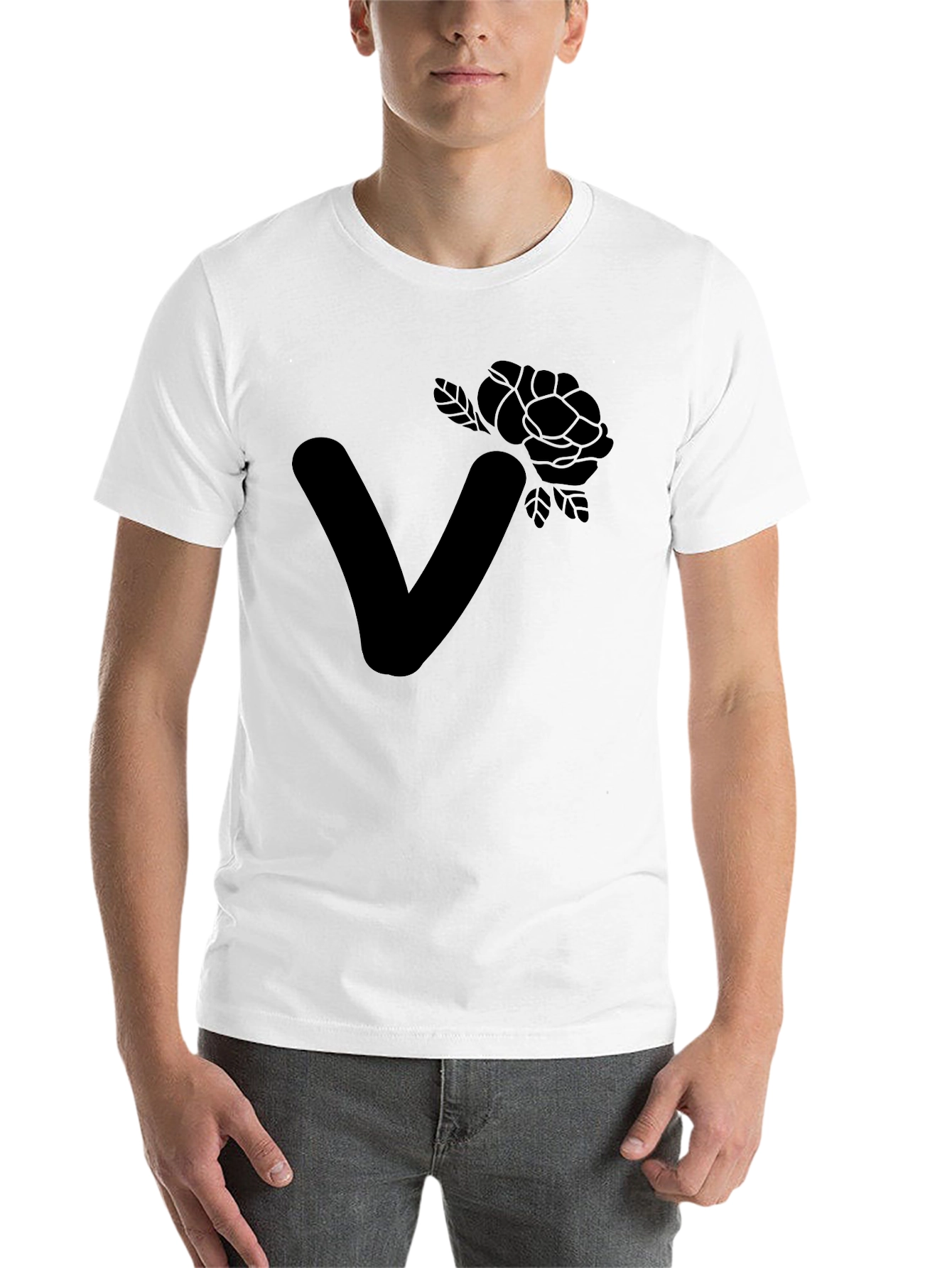 Black Stylish Black T-Shirt with Floral Letter V Design view 14