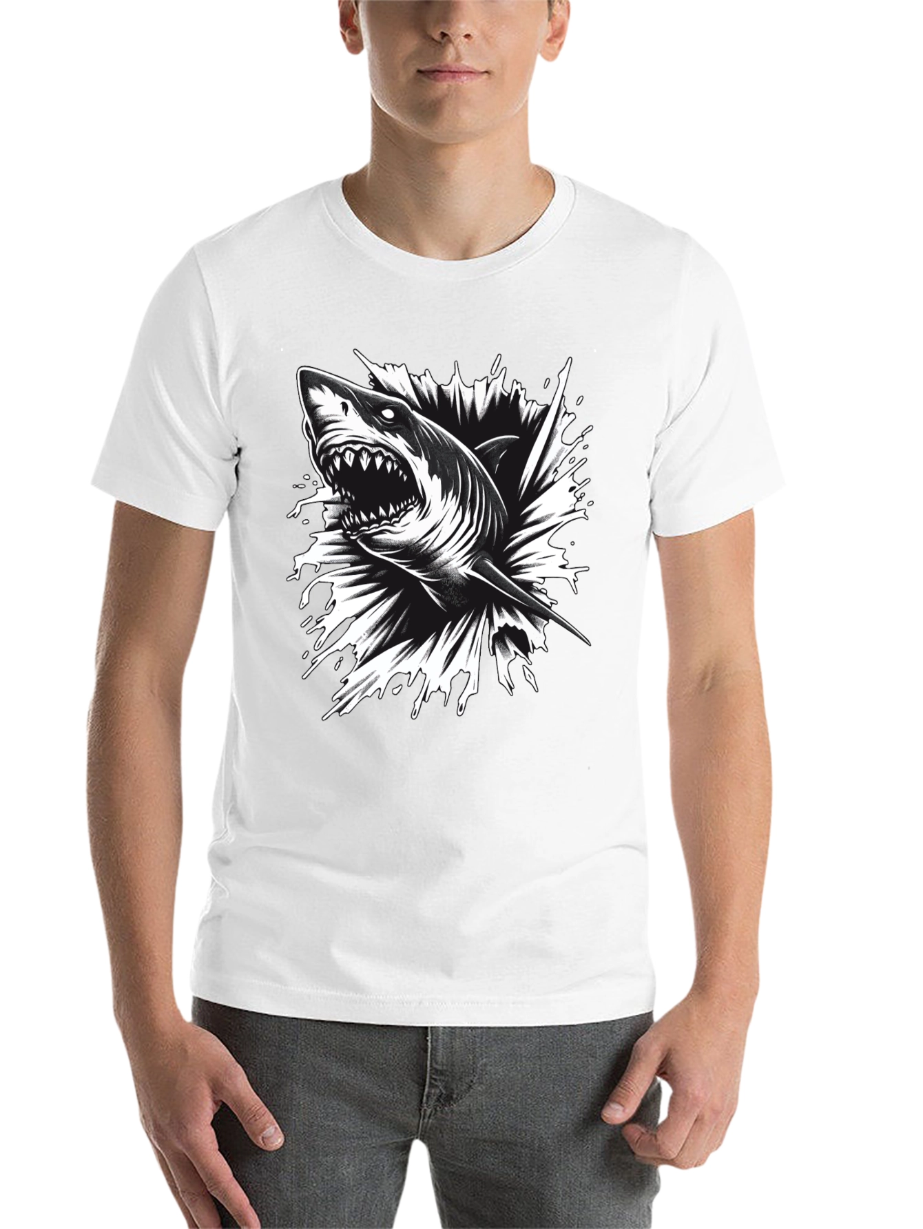 Black Men's Black Shark Graphic Tee - Bold & Edgy! view 14