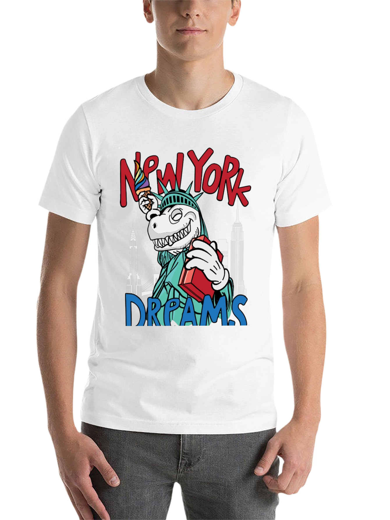 Black New York Dreams T-Shirt: Dinosaur Liberty Funny Tee view 14