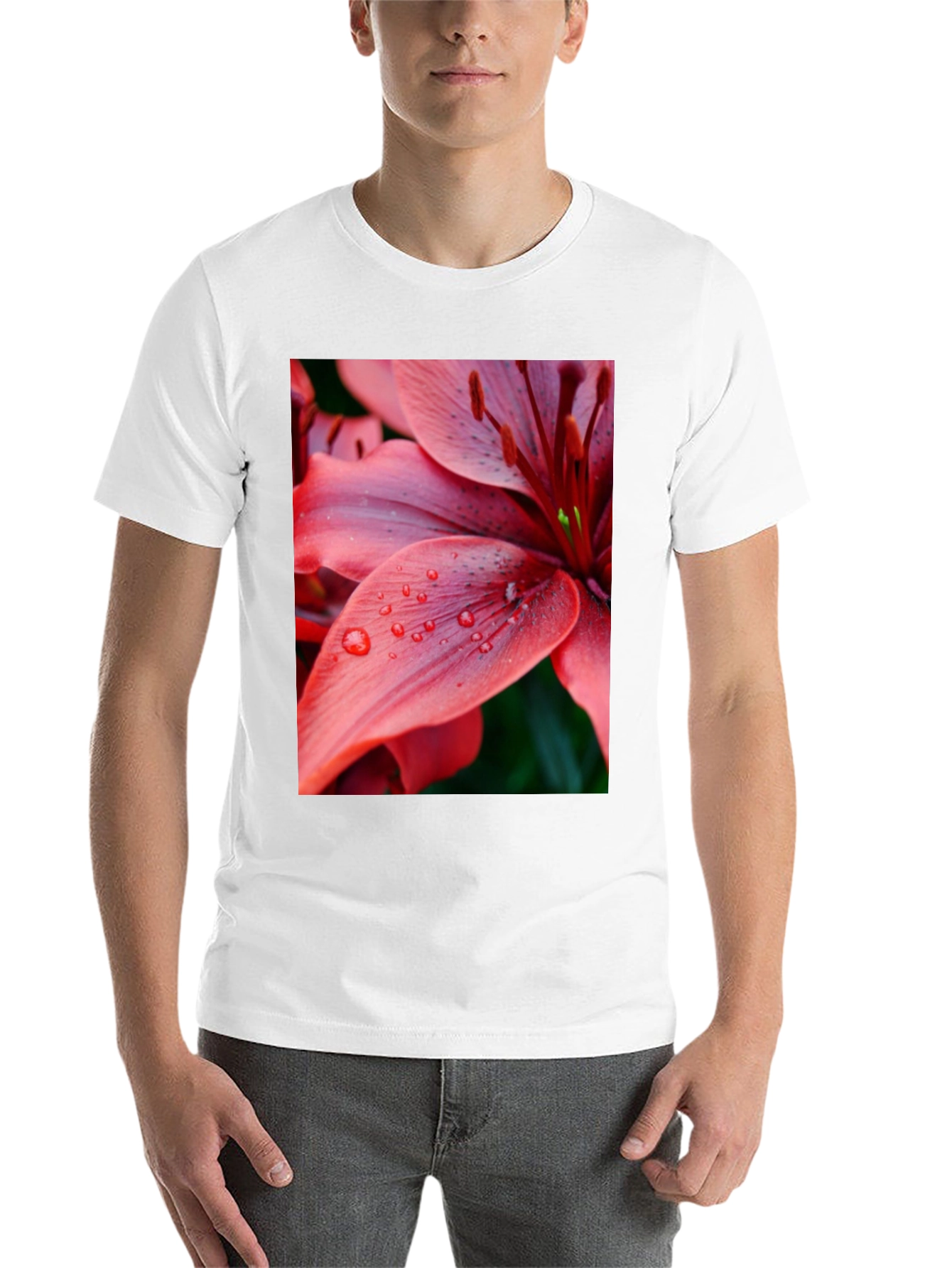Black Floral Print T-Shirt - Red Lily Design view 14