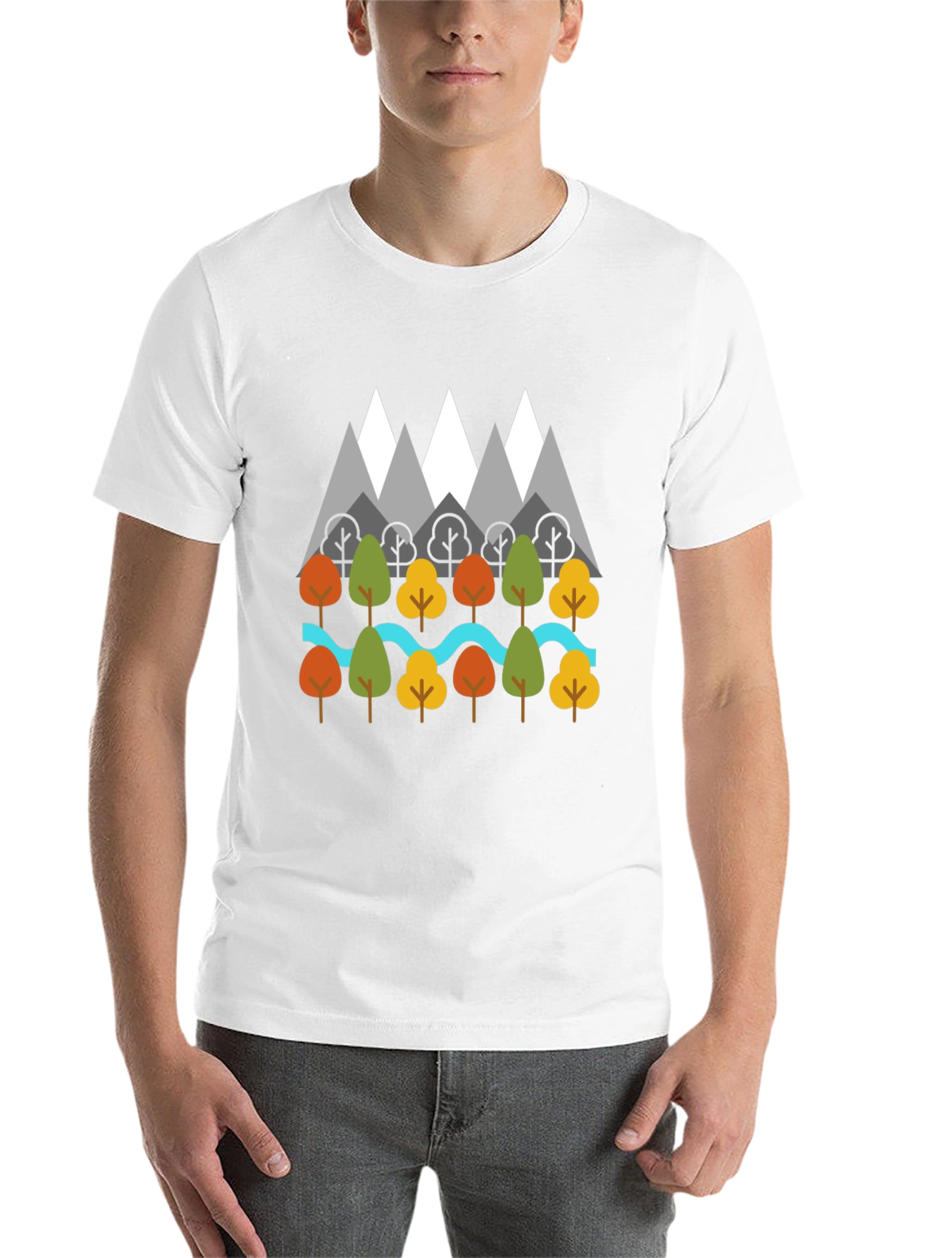 Black Nature Graphic T-Shirt - Mountains, Trees, River Design view 14