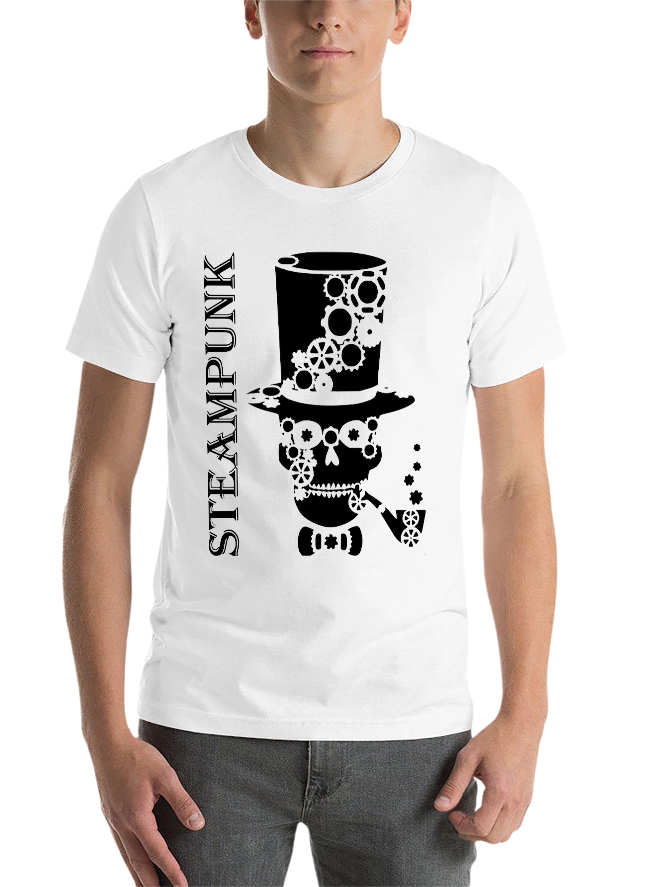 Black Steampunk Skull Gear T-Shirt - Unique Design view 14