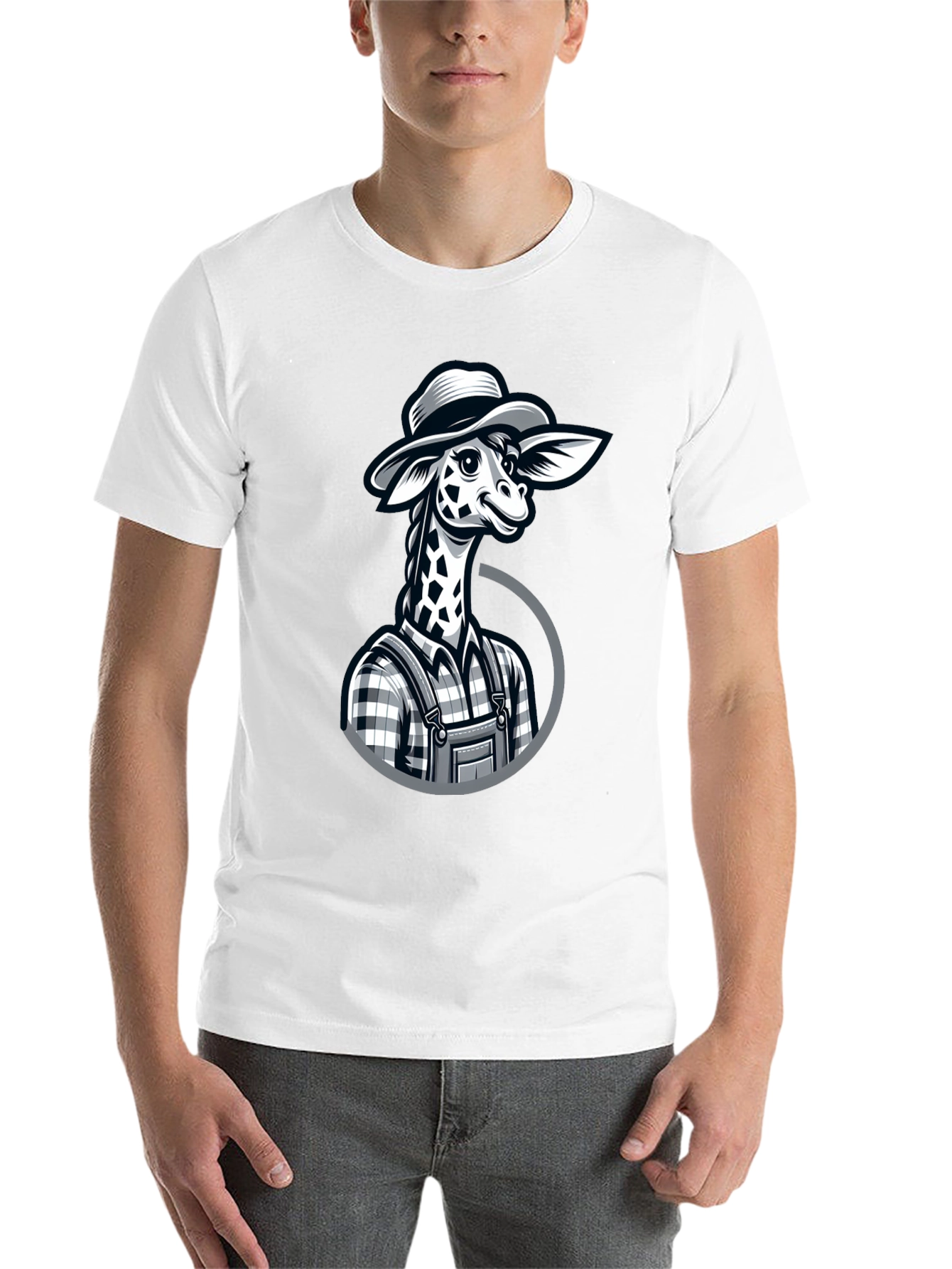 Black Giraffe Farmer Graphic Tee - Novelty Cartoon Animal Shirt view 14
