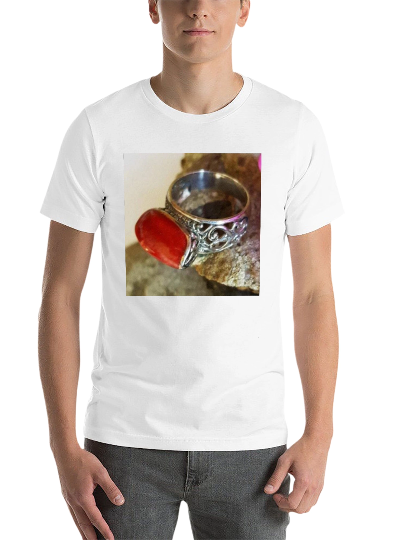 Black Coral Gemstone Ring on Black T-Shirt view 14