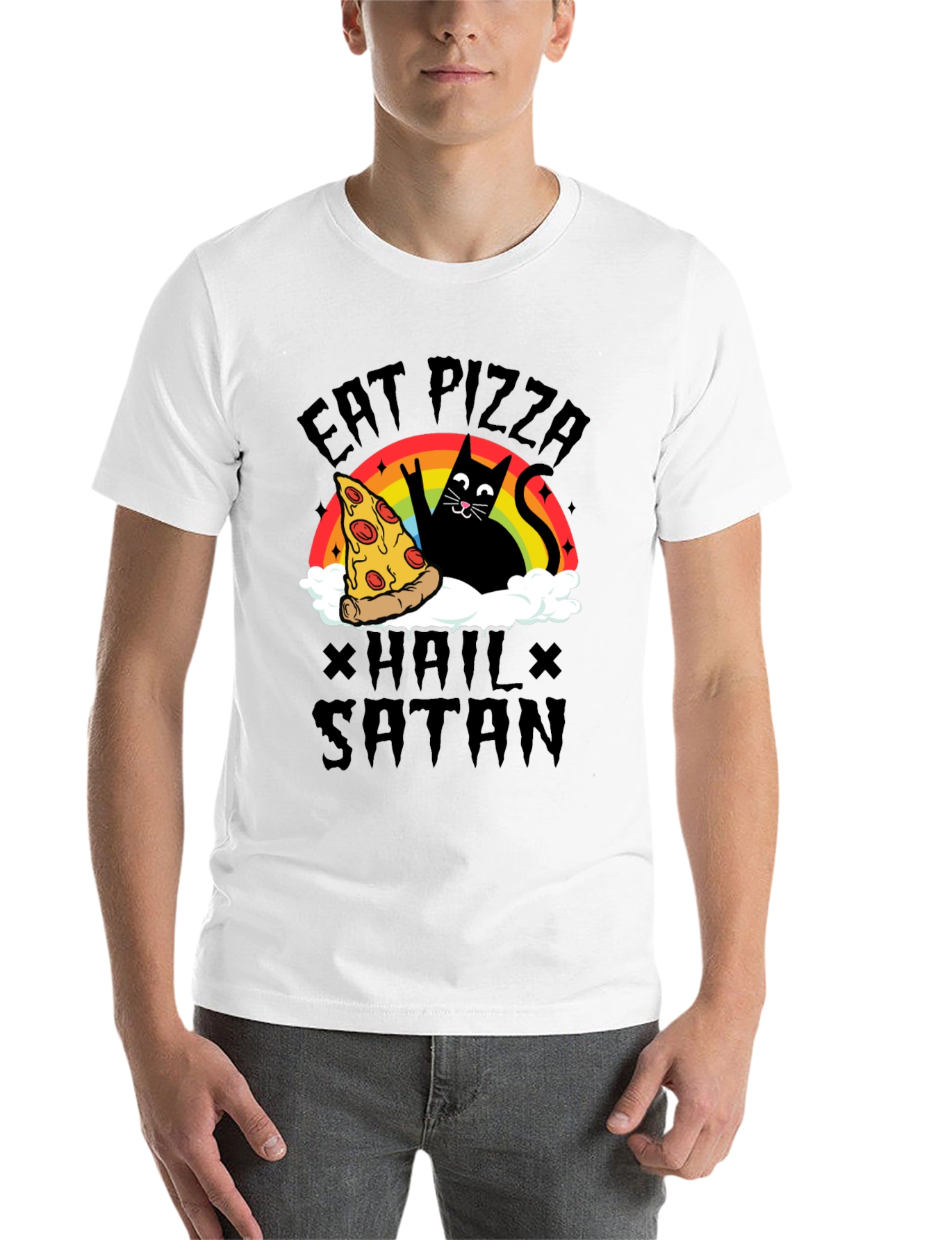 Black Eat Pizza Hail Satan Black Graphic Tee view 14