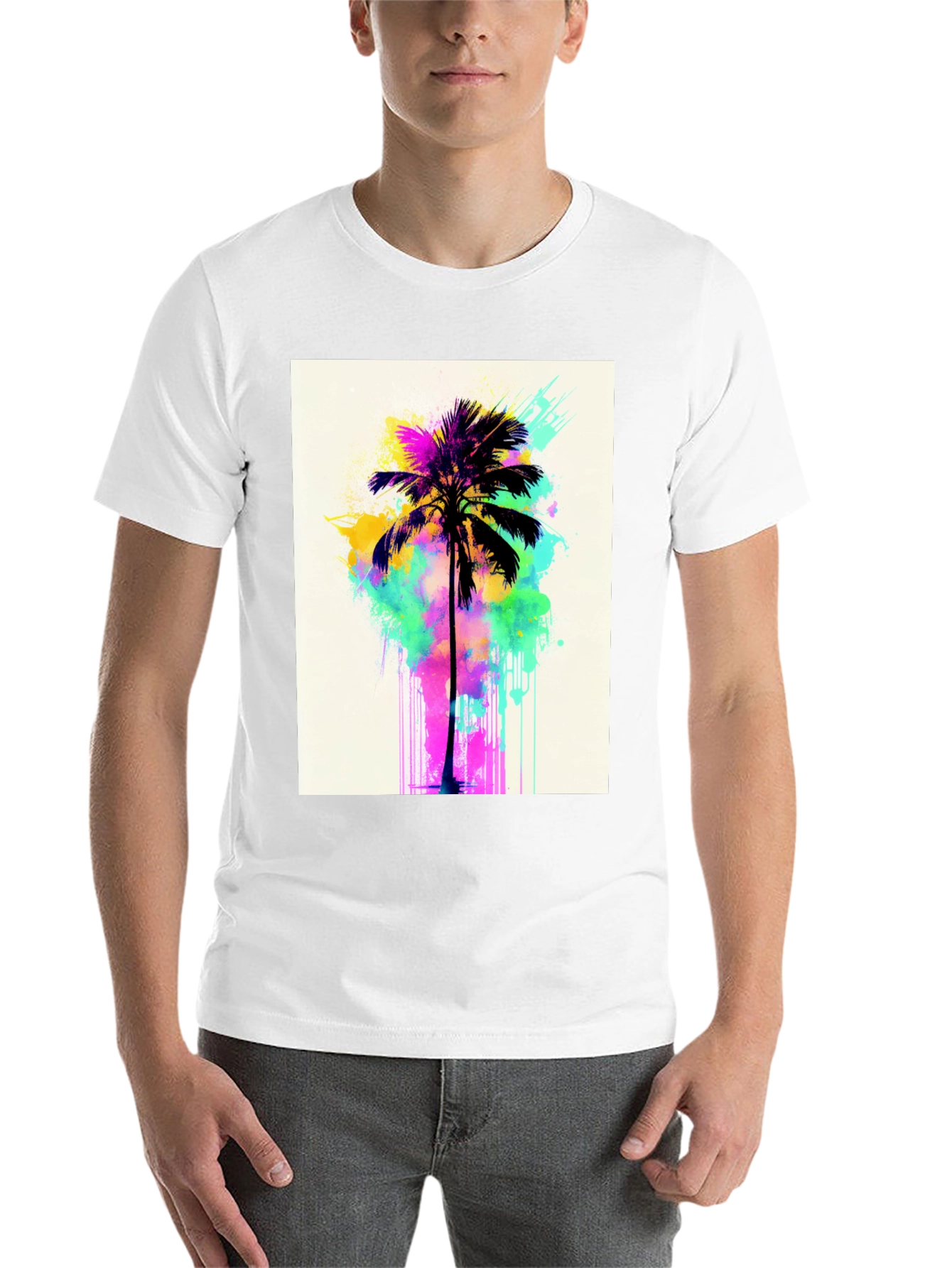 Black Vibrant Palm Tree Graphic Tee - Black Cotton T-Shirt view 14