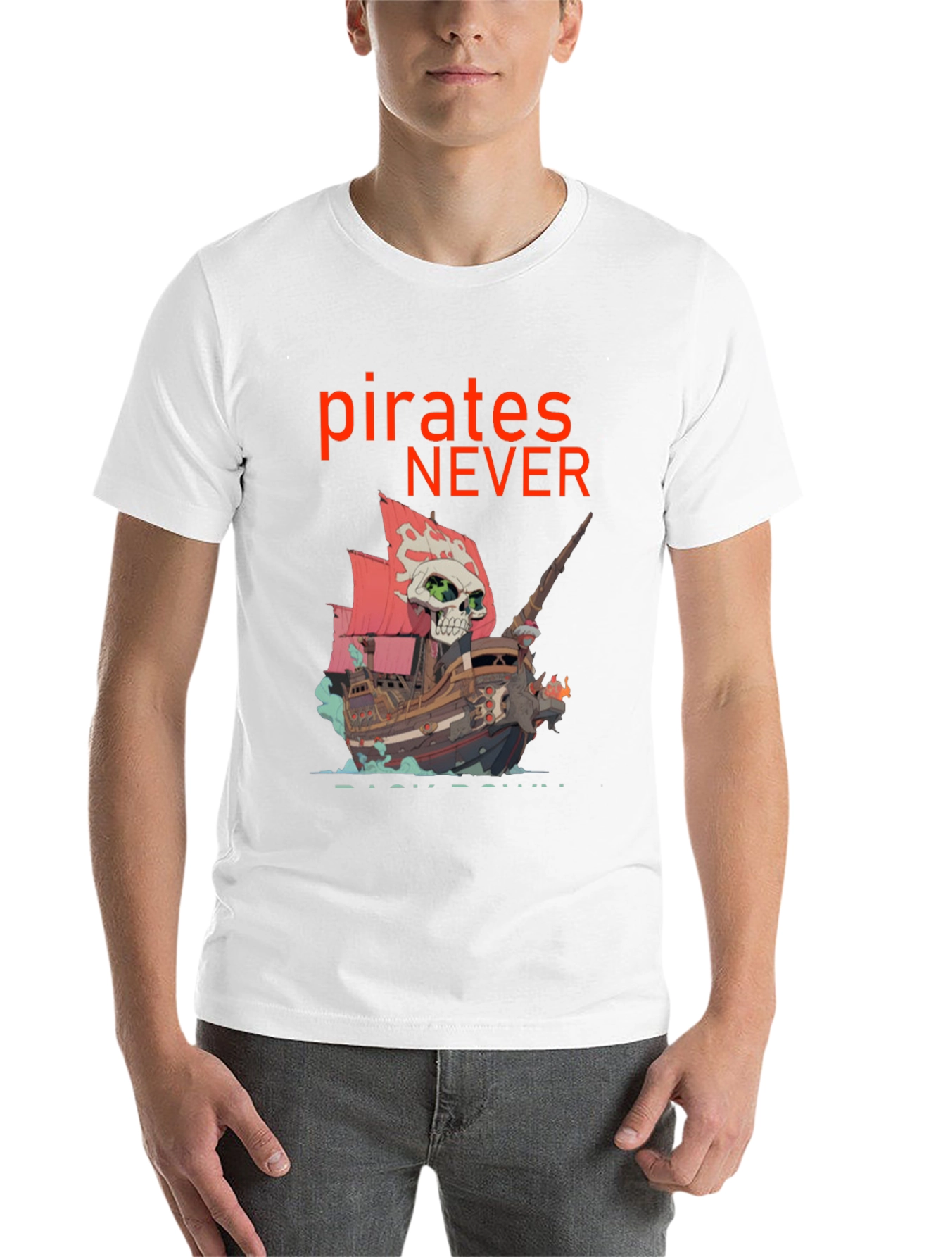 Black Pirates Never Back Down T-Shirt - Skull Ship Design view 14