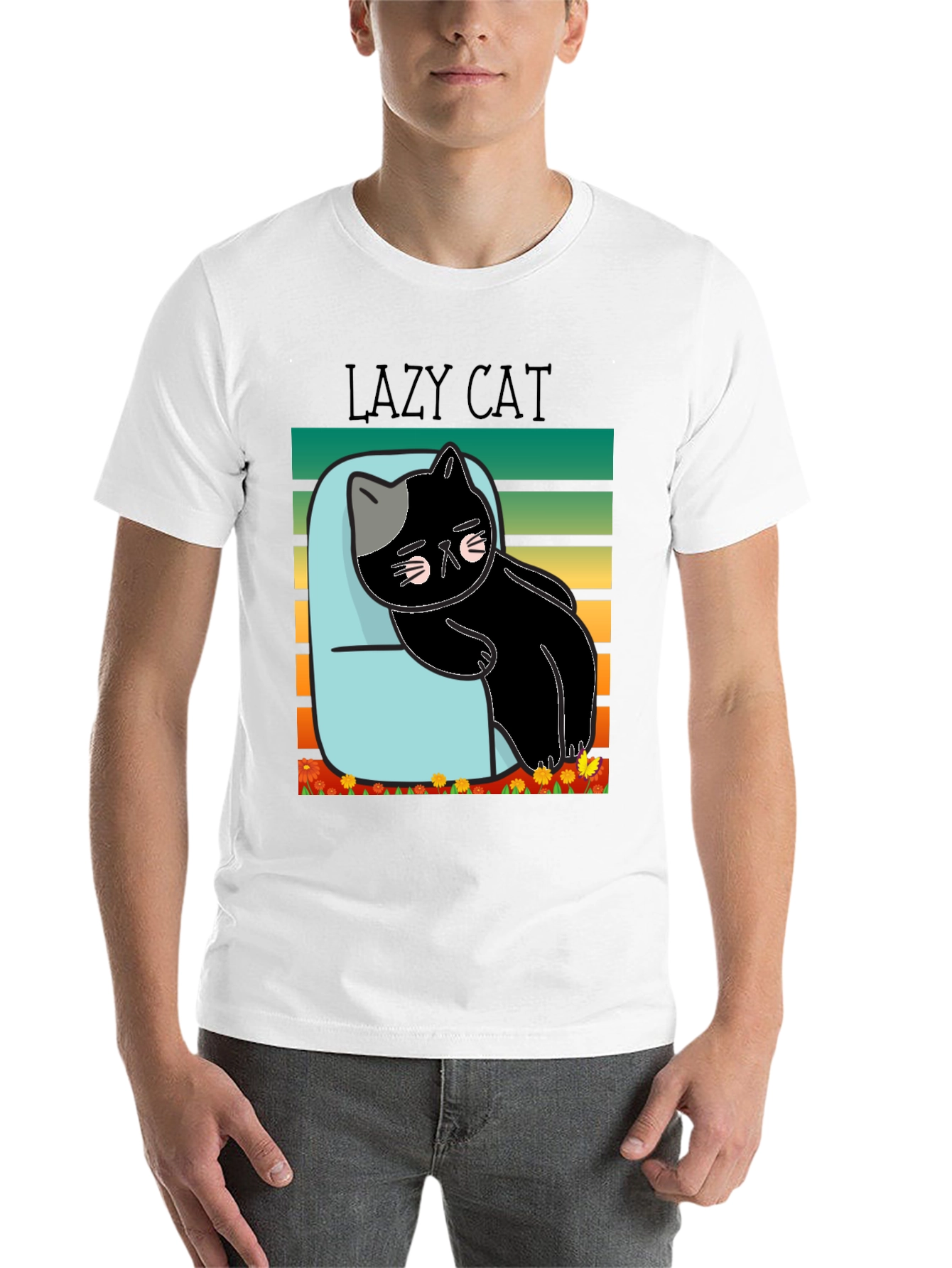 Black Lazy Cat T-Shirt - Black Cotton Tee view 14