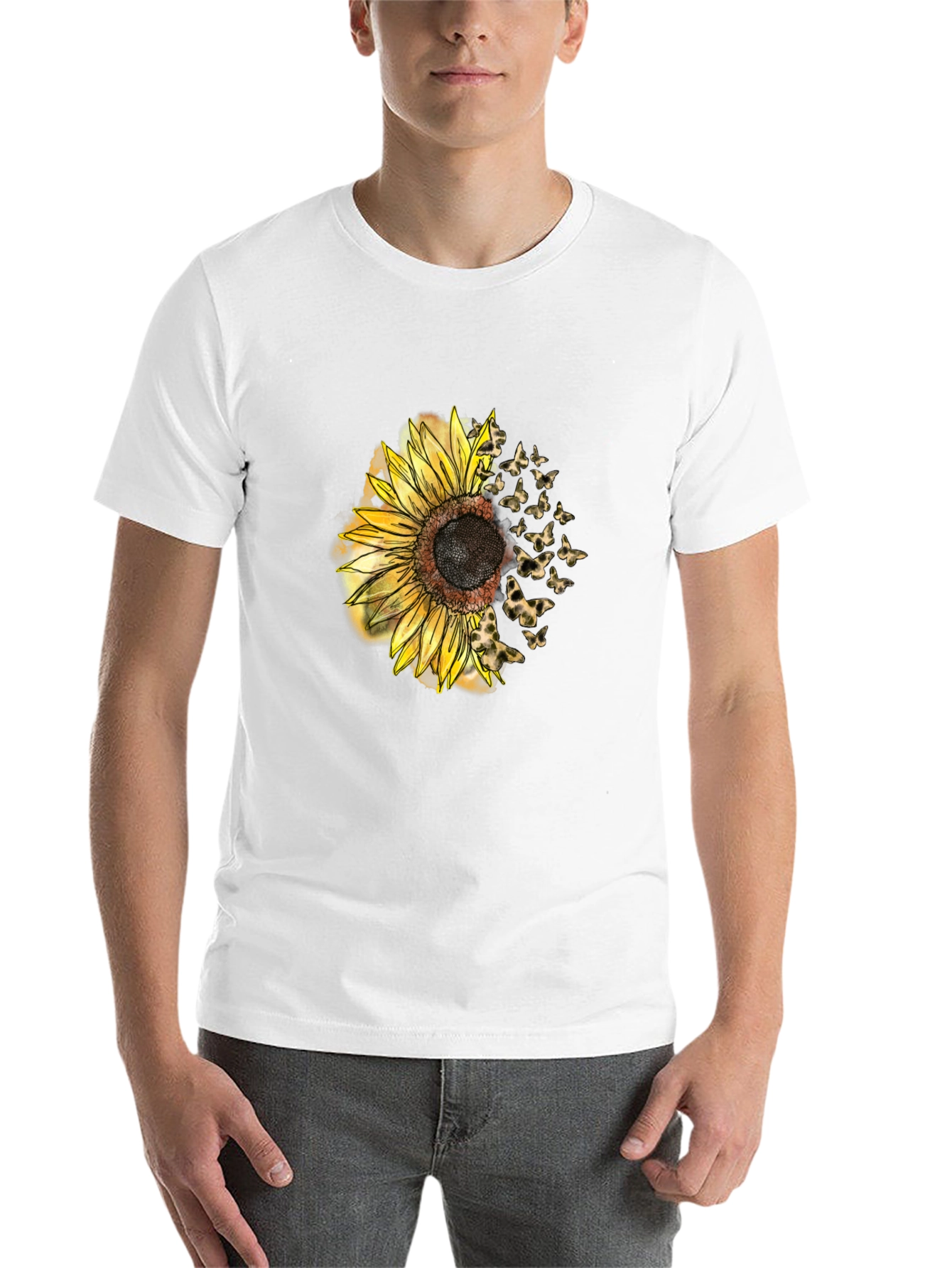 Black Sunflower Butterfly Men's Black T-Shirt view 14