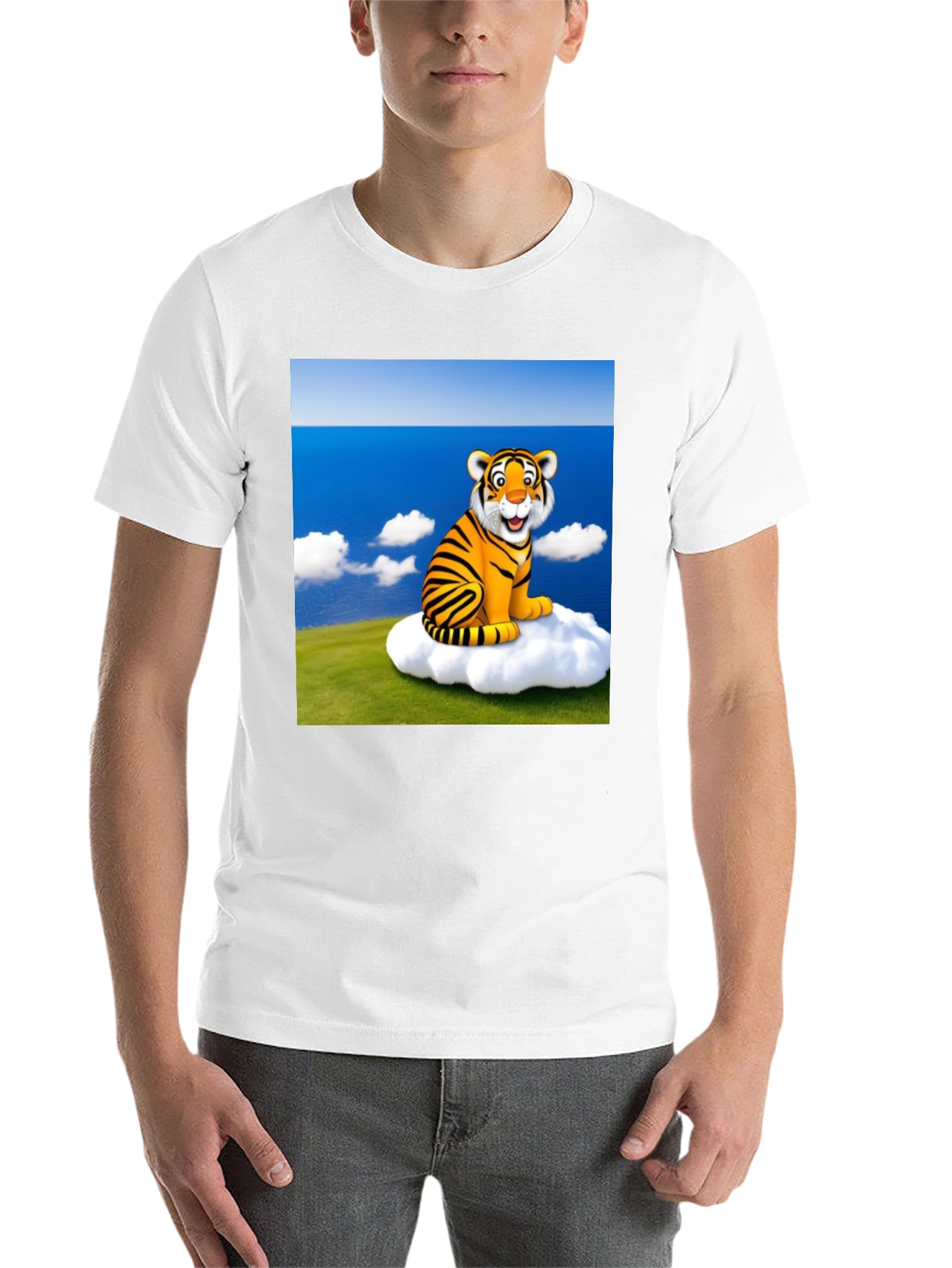 Black Cartoon Tiger on Cloud Black T-Shirt view 14