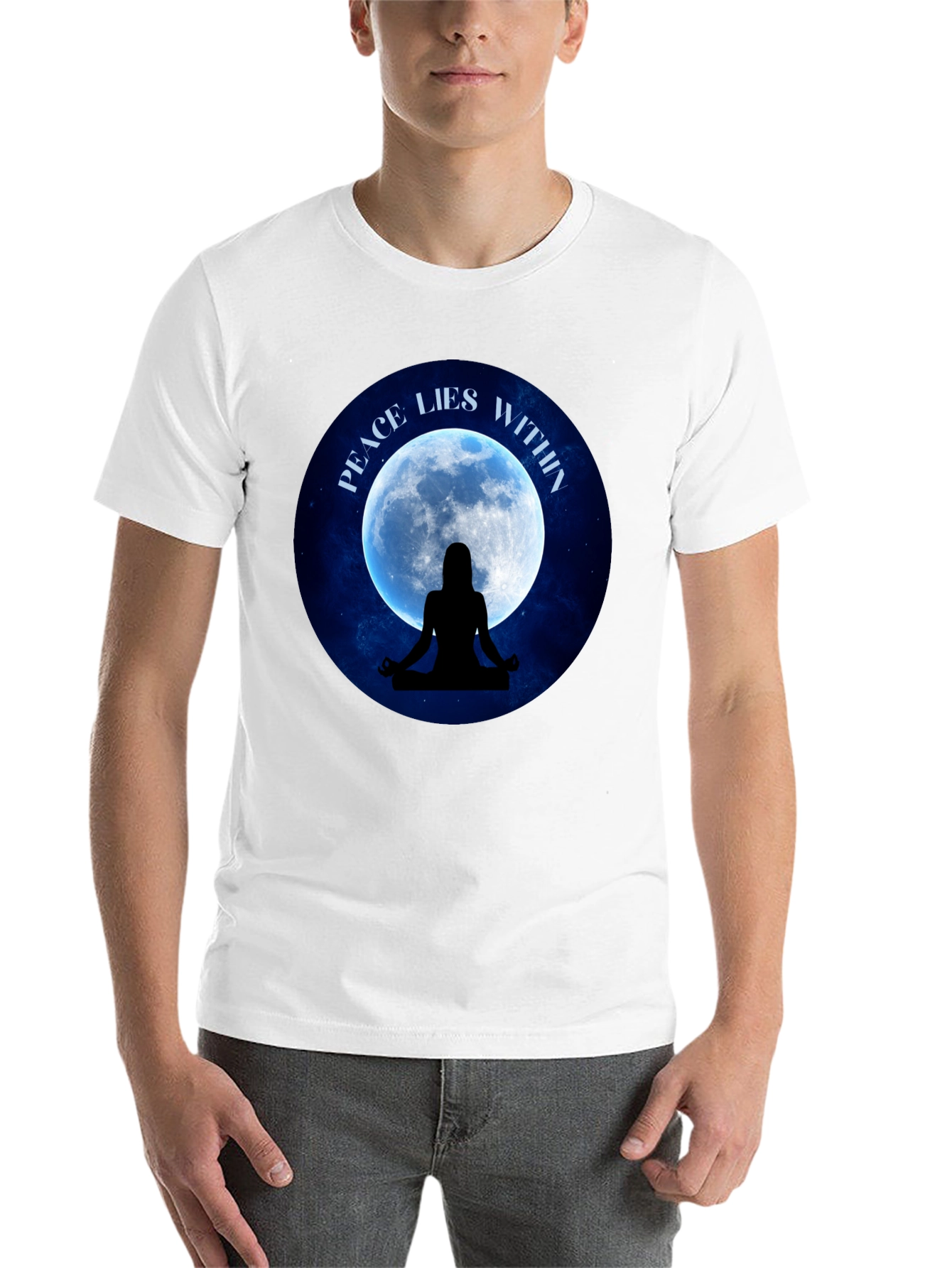 Black Peace Within T-Shirt - Meditating Silhouette Moon Graphic Tee view 14