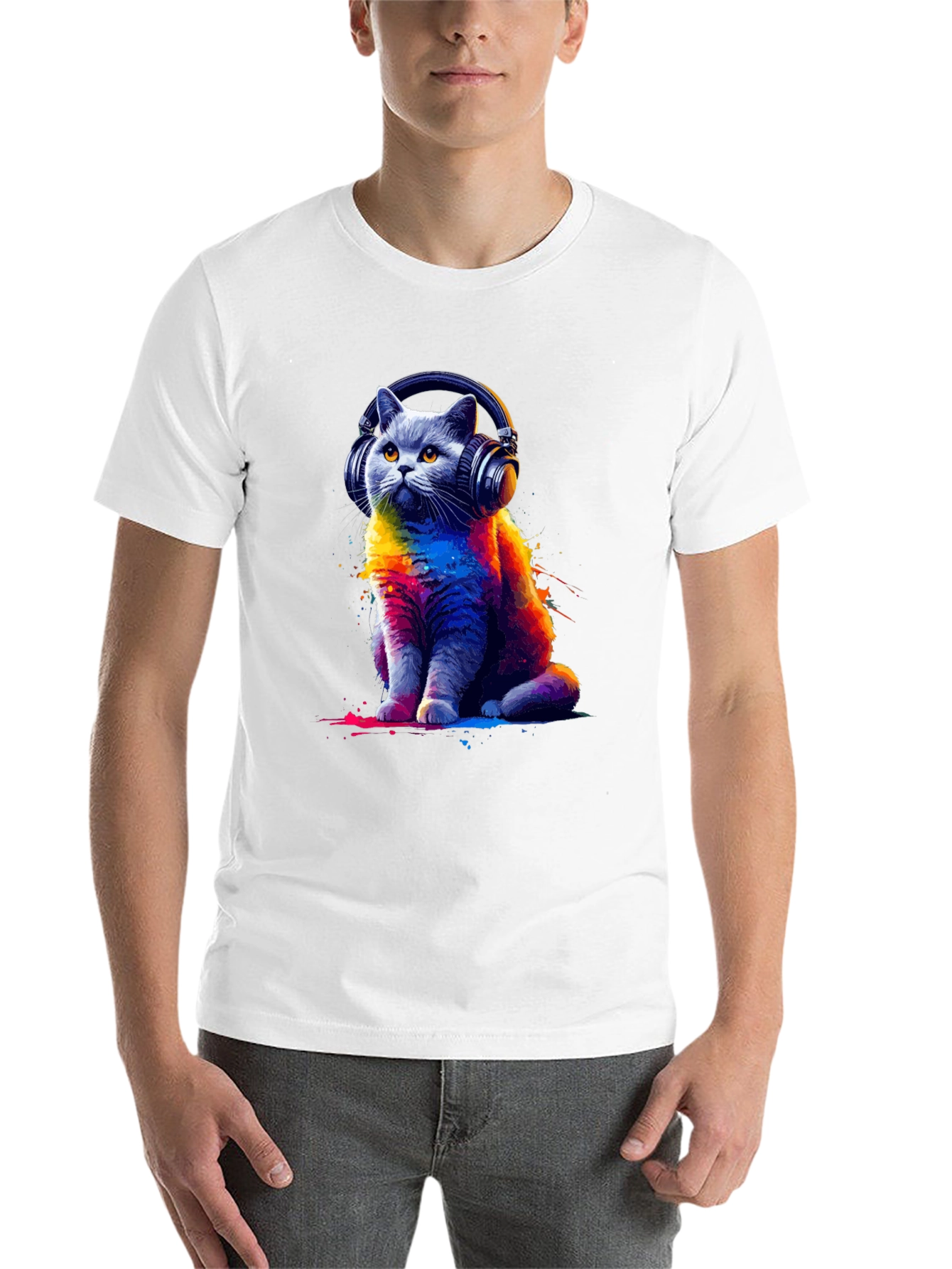 Black Cool Cat Headphones T-Shirt - Colorful Graphic Tee view 14