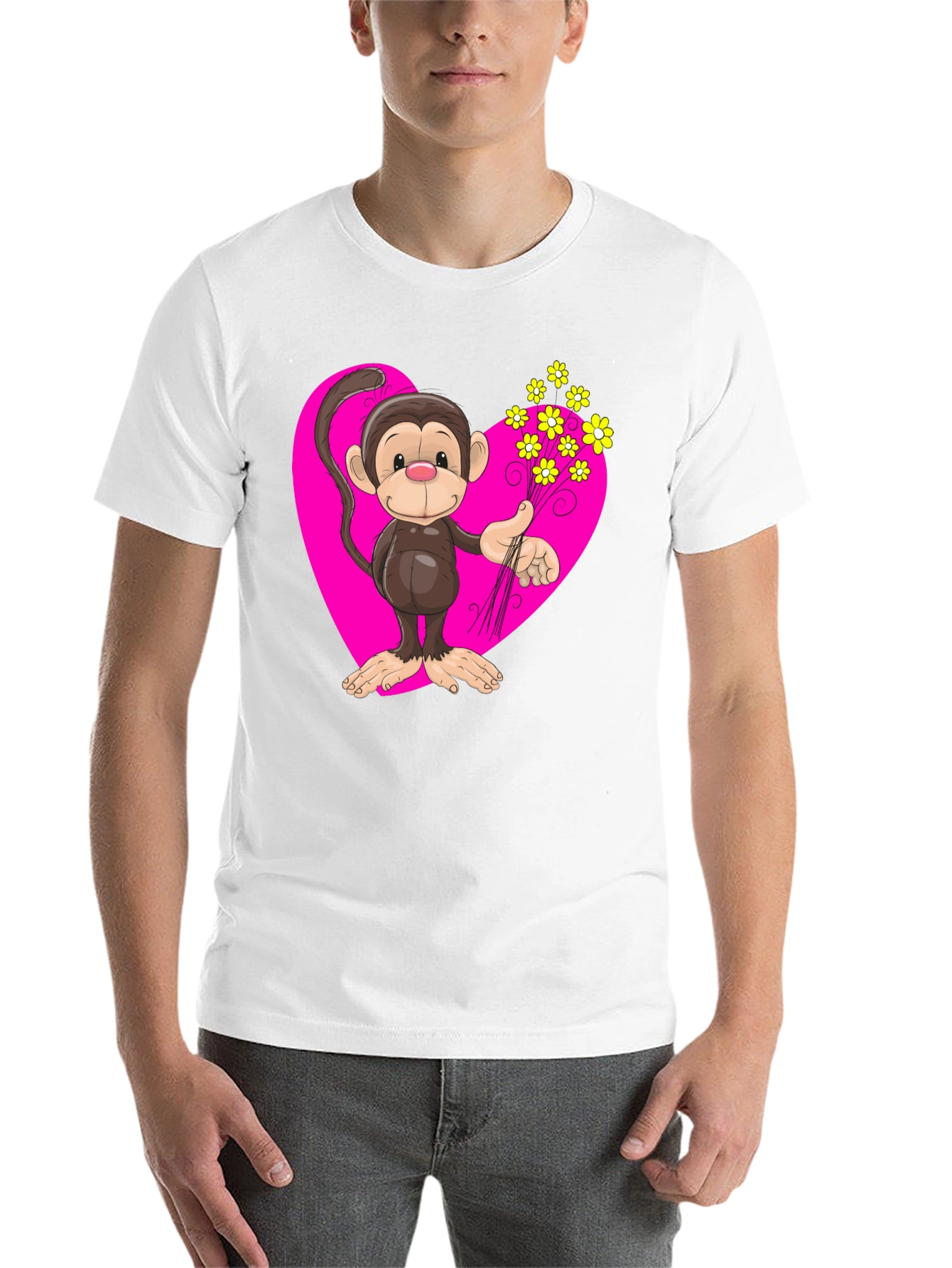 Black Monkey Love T-Shirt - Cartoon Heart Flowers view 14
