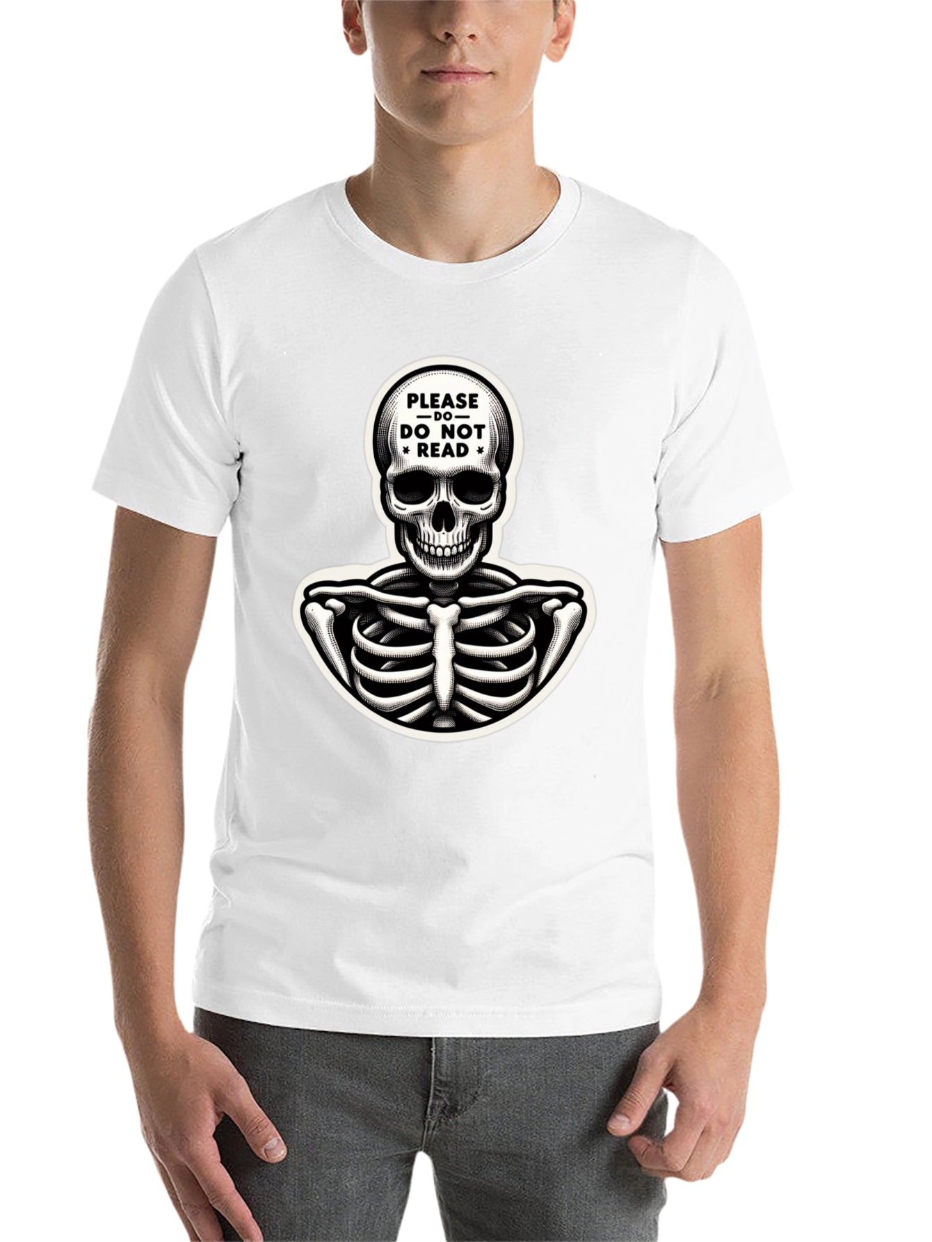 Black Humorous Skeleton Graphic Tee - "Please Do Not Read" view 14