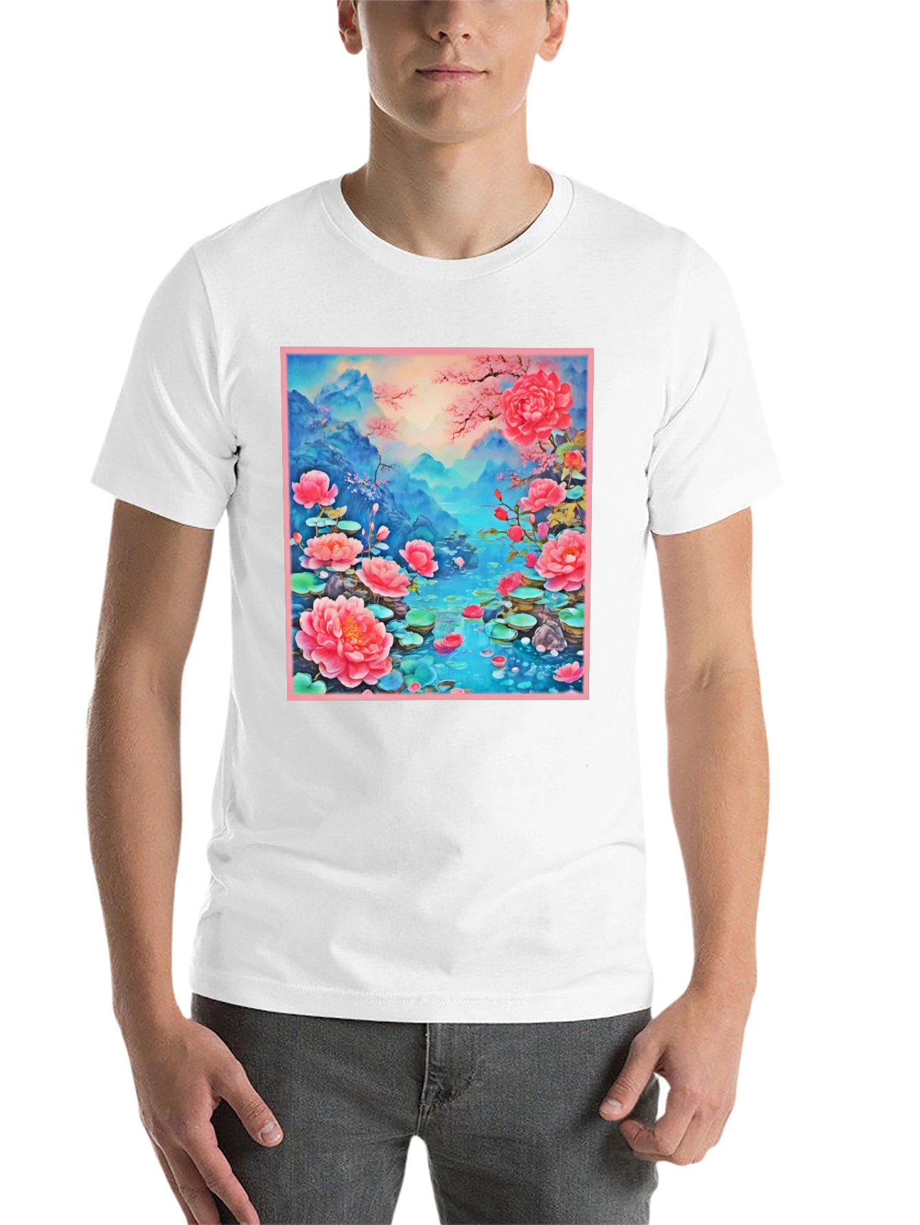 Black Floral Lotus Lake Graphic Tee - Unique Design view 14