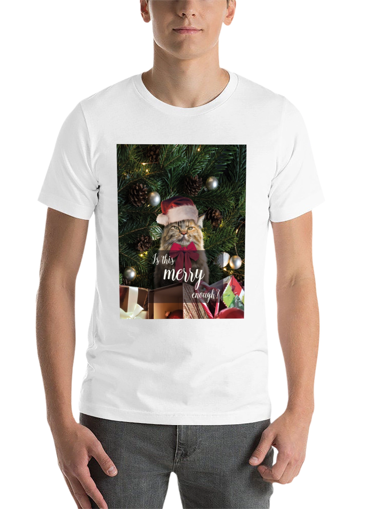 Black Merry Cat Christmas T-Shirt - Holiday Humor view 14