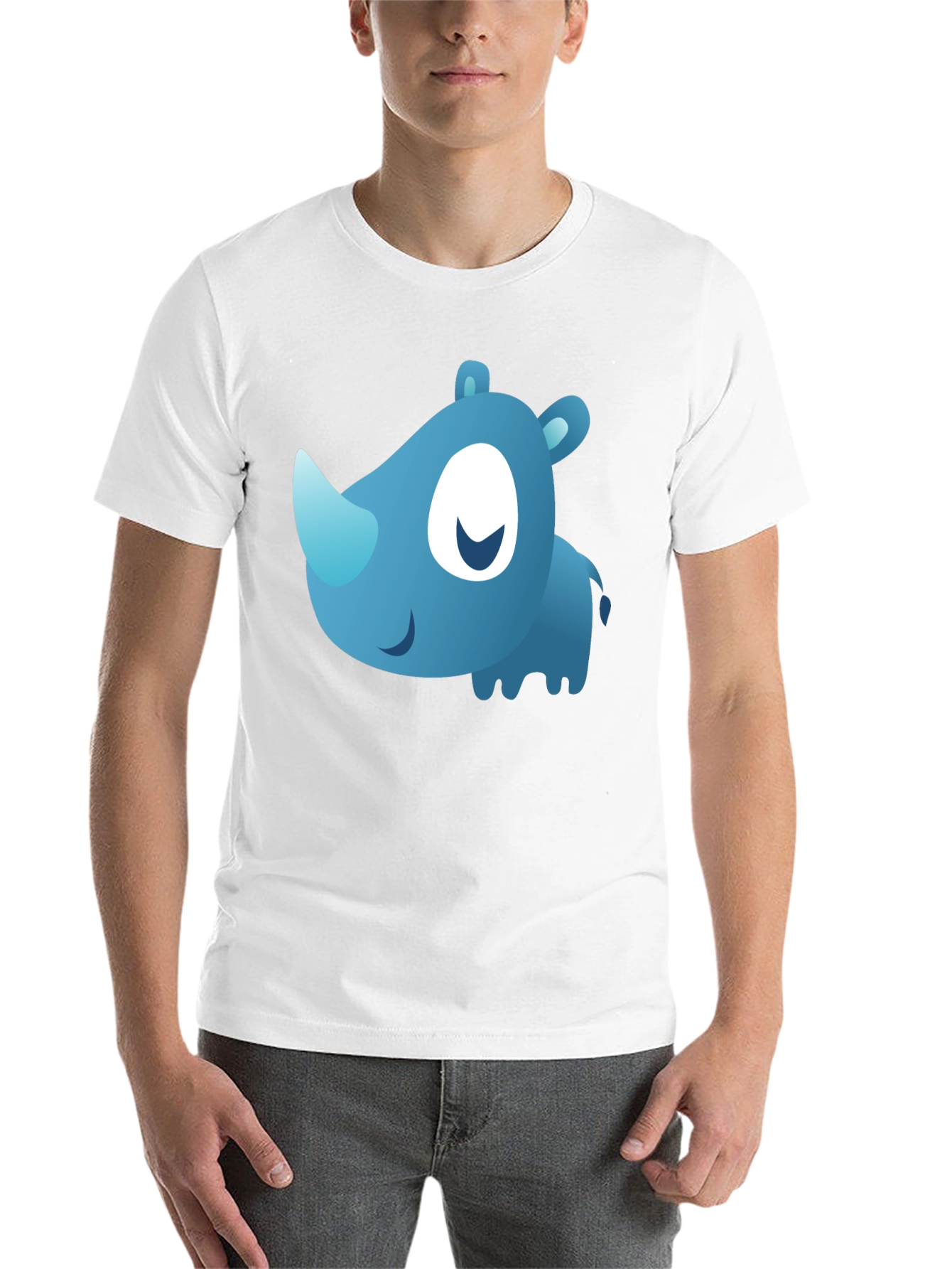 Black Cute Blue Cartoon Rhino Black T-Shirt view 14