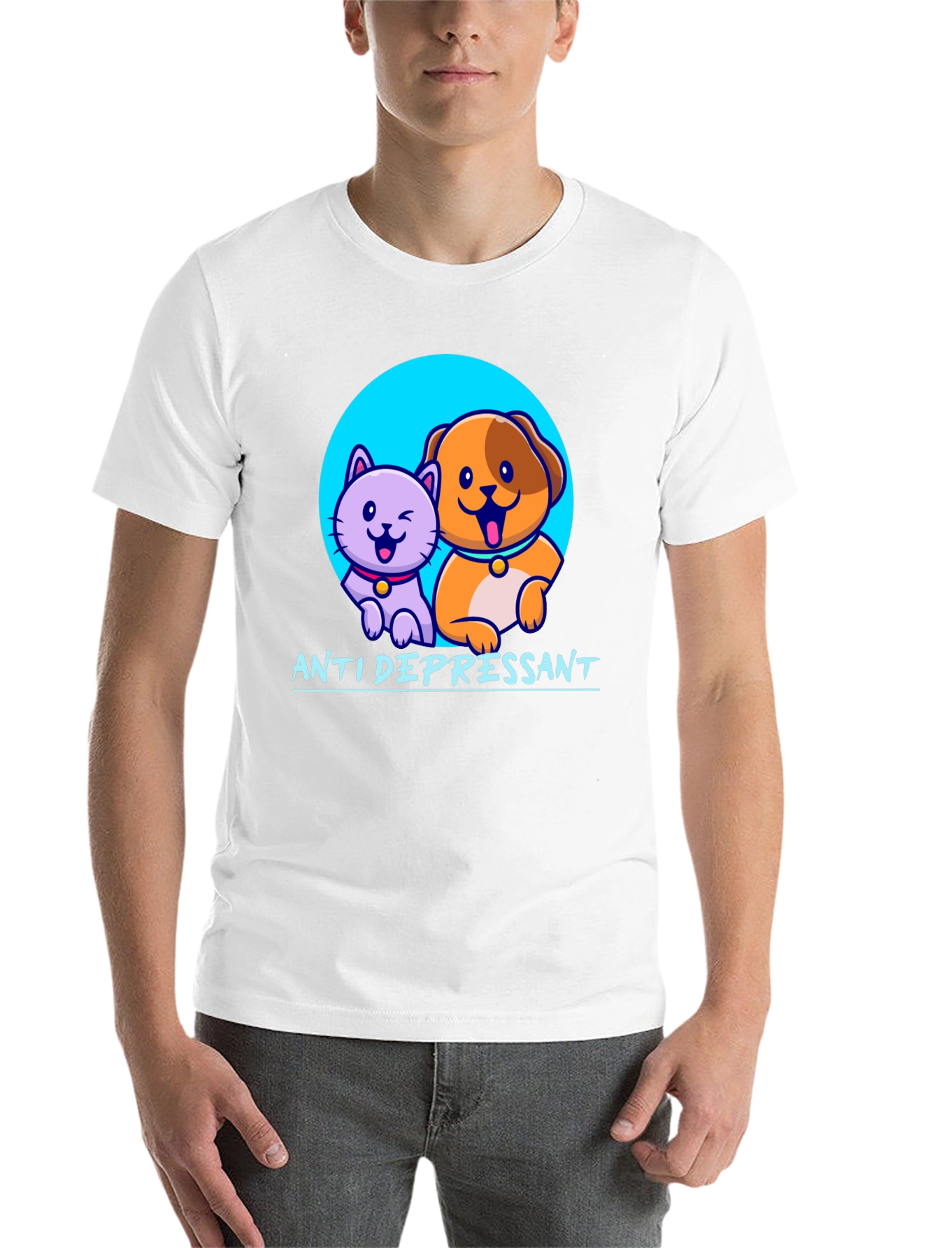 Black Anti Depressant Cat and Dog Graphic T-Shirt view 14