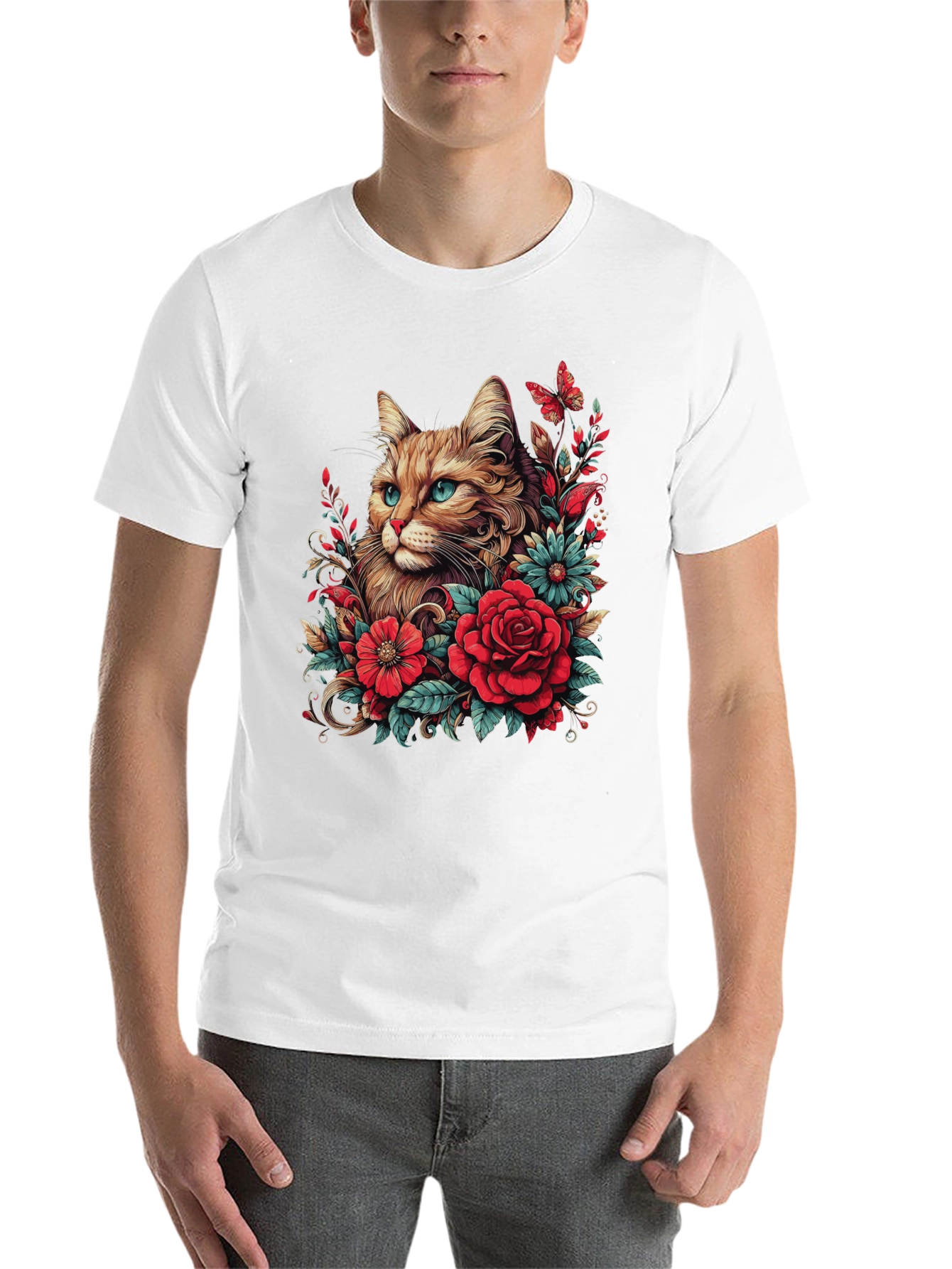 Black Cat & Floral Graphic Tee - Men's Black T-Shirt view 14