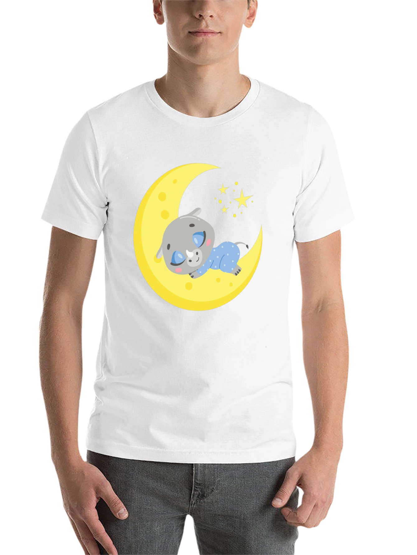 Black Cute Sleeping Rhino on Moon T-Shirt view 14