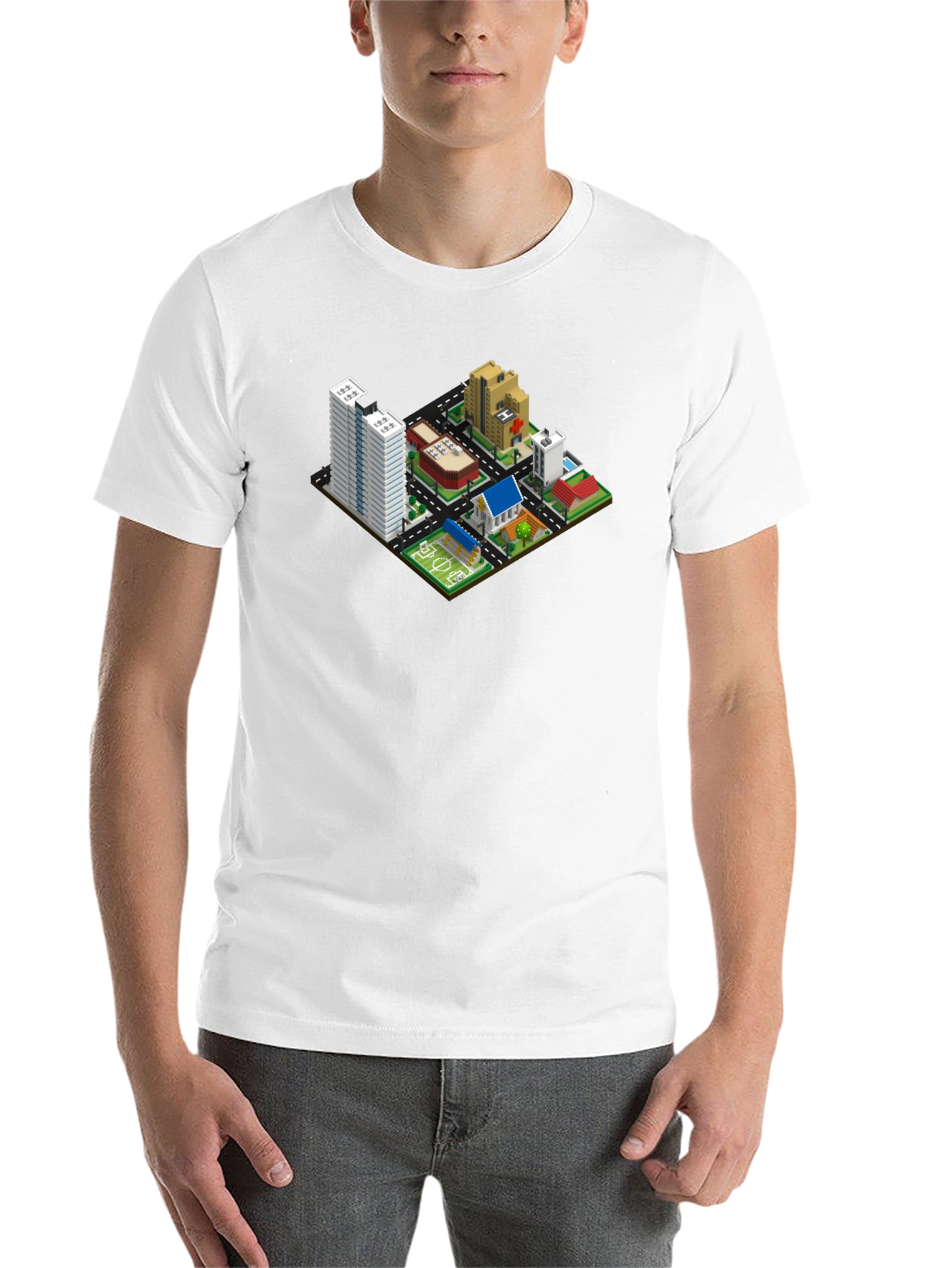 Black Isometric Cityscape Graphic Tee - Black Cotton T-Shirt view 14