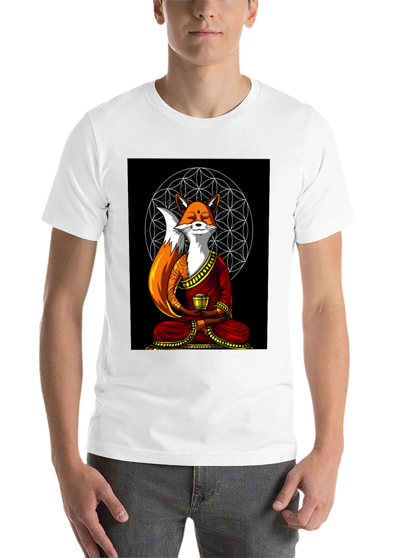 Black Zen Fox T-Shirt - Meditating Design view 14