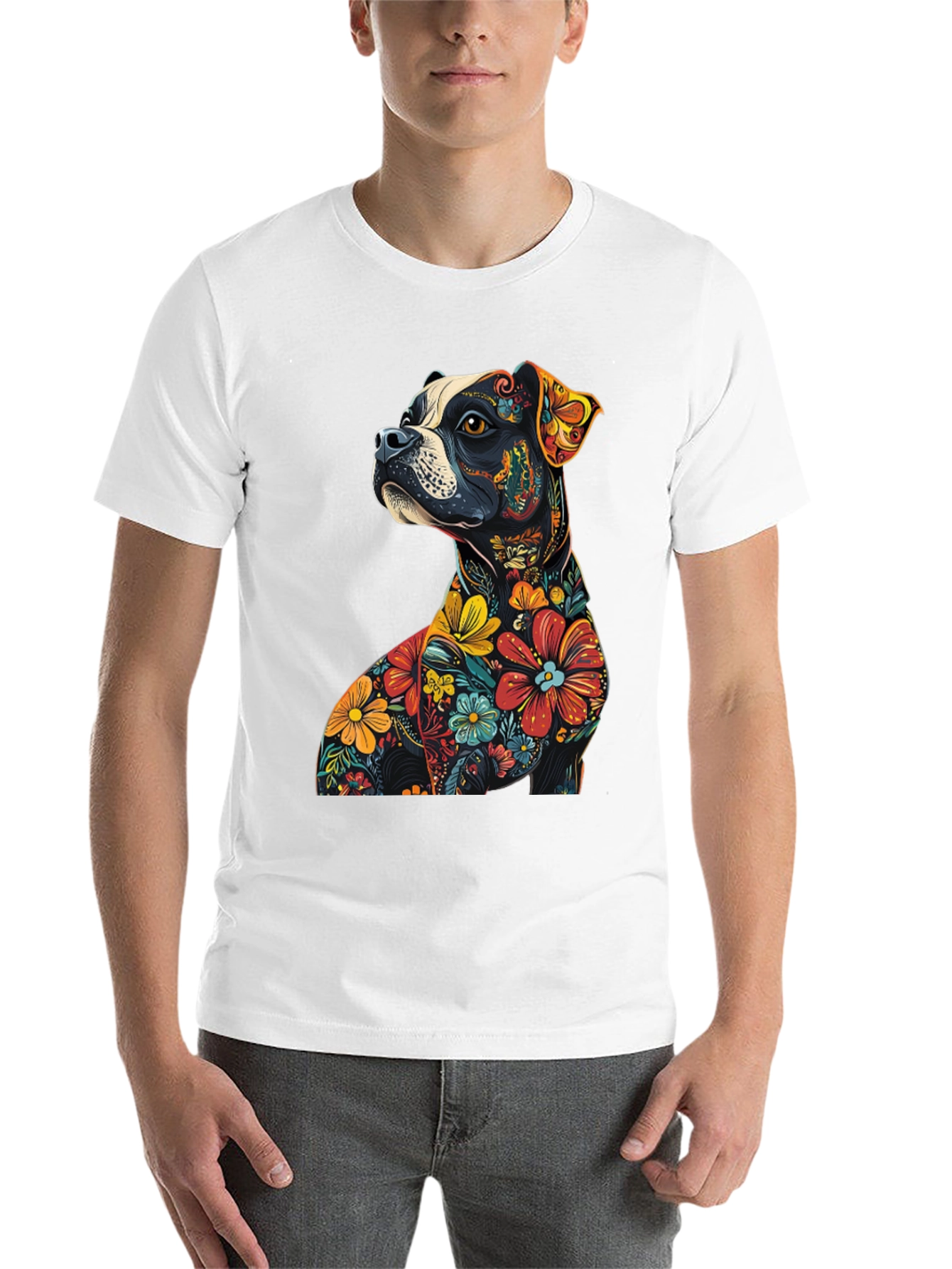 Black Floral Dog Graphic Tee - Unique Black T-Shirt view 14