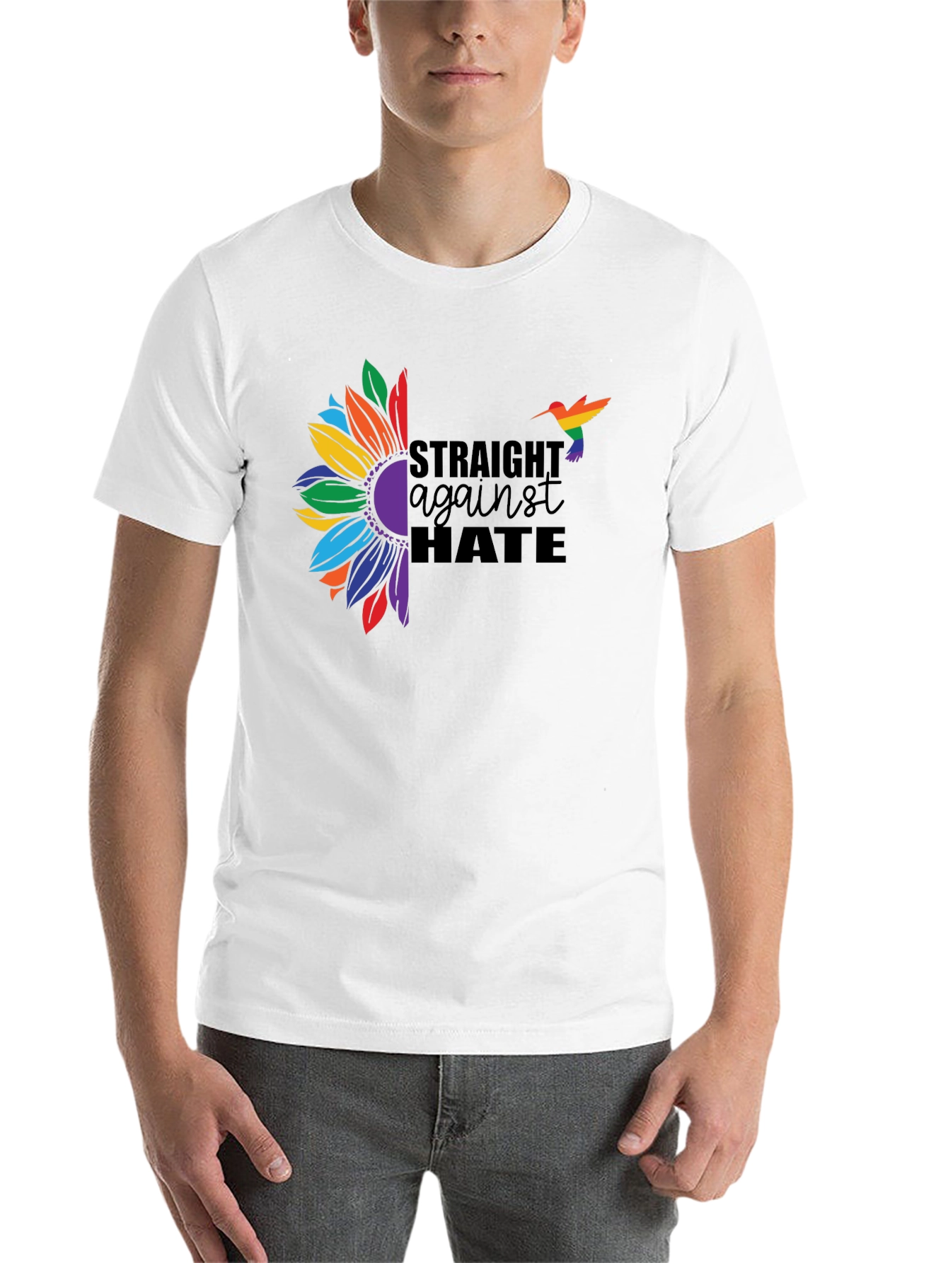 Black Straight Against Hate Sunflower Pride T-Shirt view 14