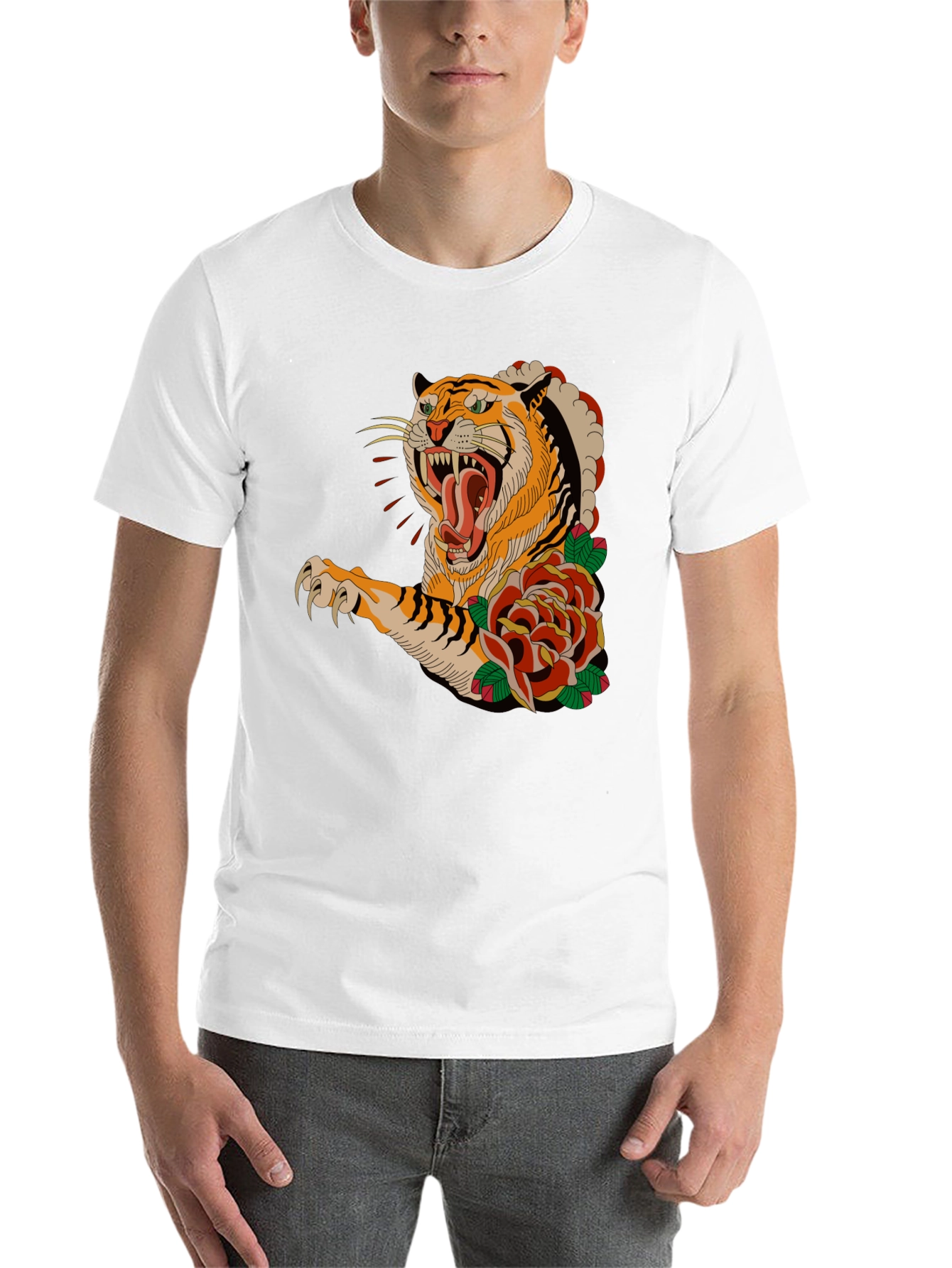 Tiger & Roses Graphic T-Shirt - Bold Black Tee - 14