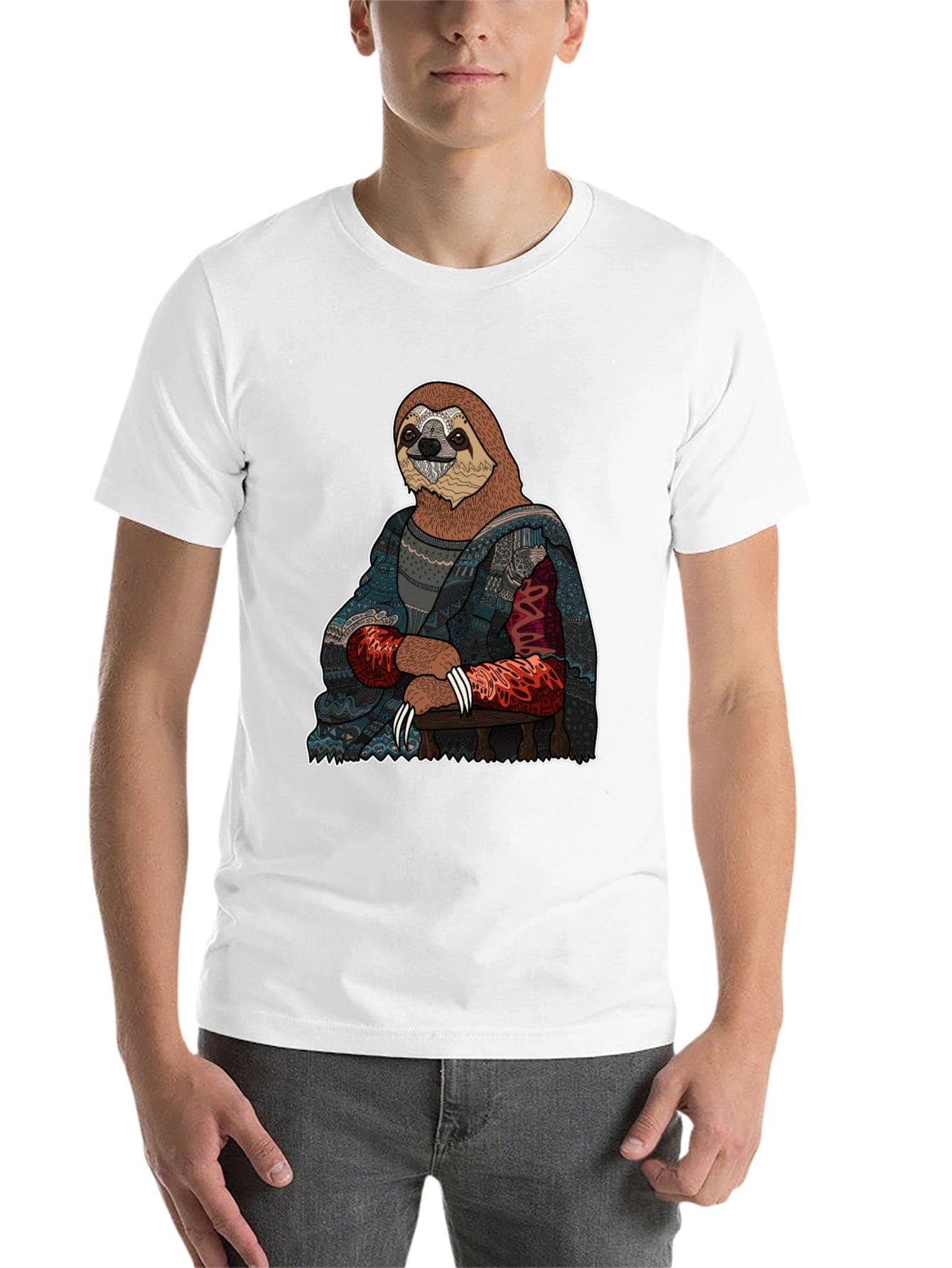 Black Sloth Mona Lisa T-Shirt - Artistic Funny Tee view 14