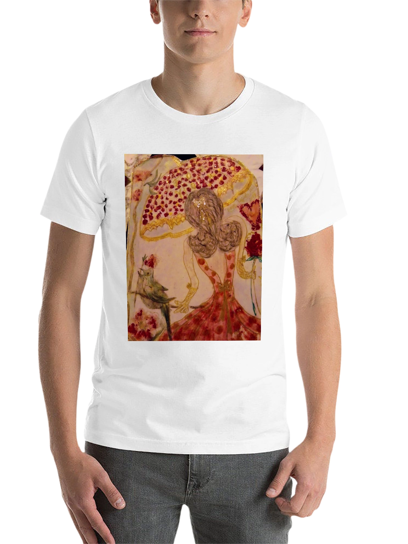 Black Whimsical Art T-Shirt: Bird, Roses, & Dancer view 14