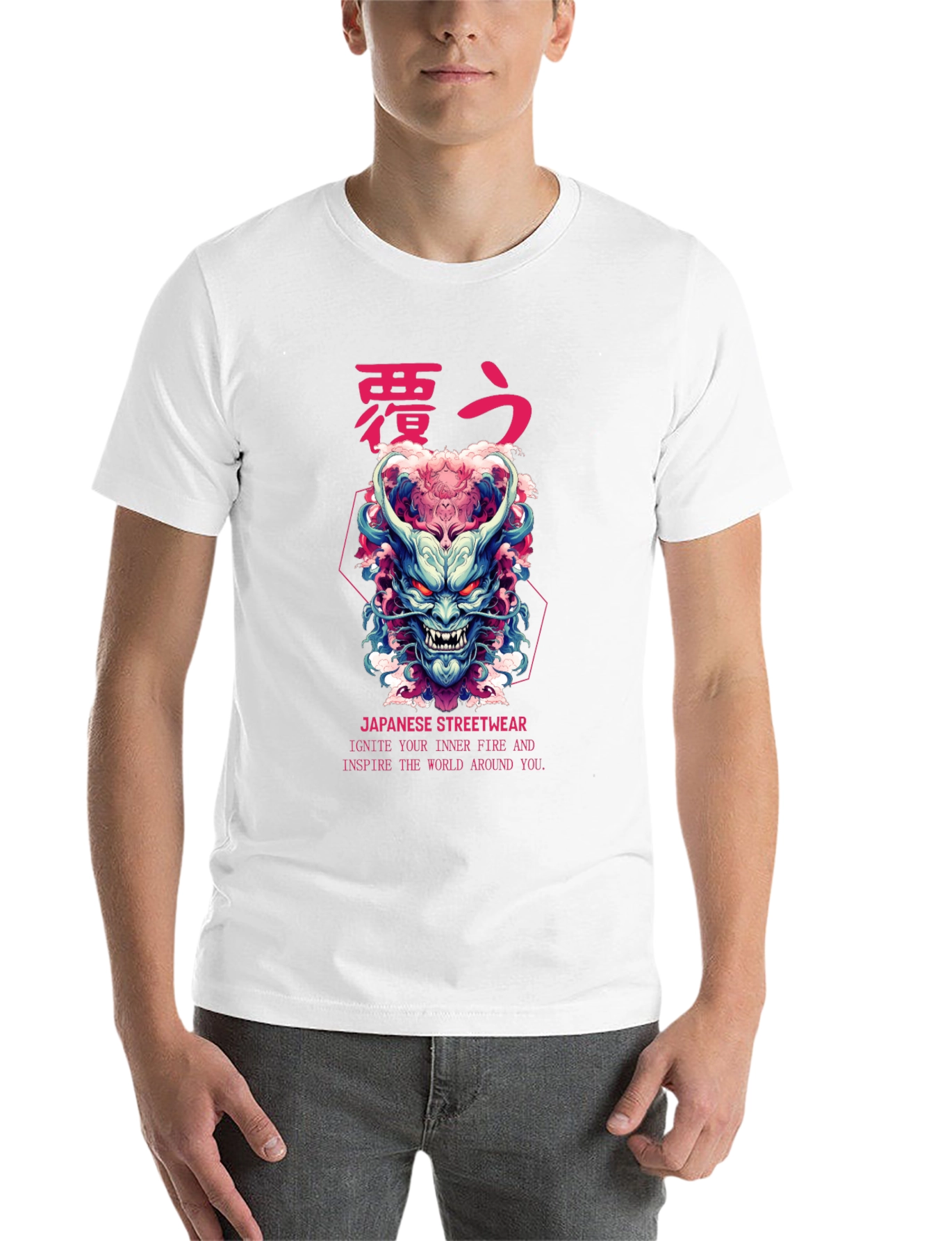 Black Japanese Oni Mask Graphic T-Shirt view 14