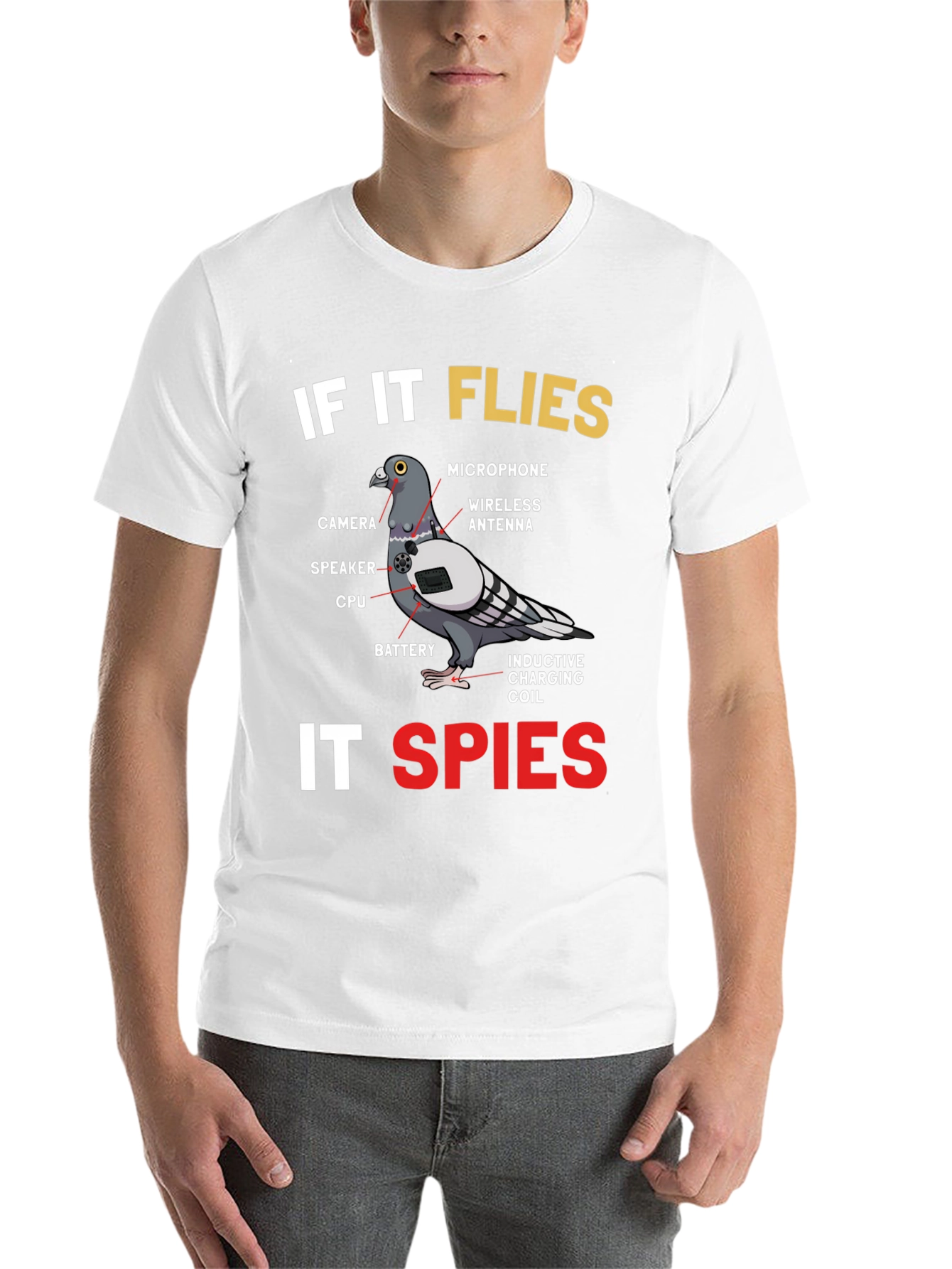 Black If It Flies It Spies Pigeon T-Shirt view 14