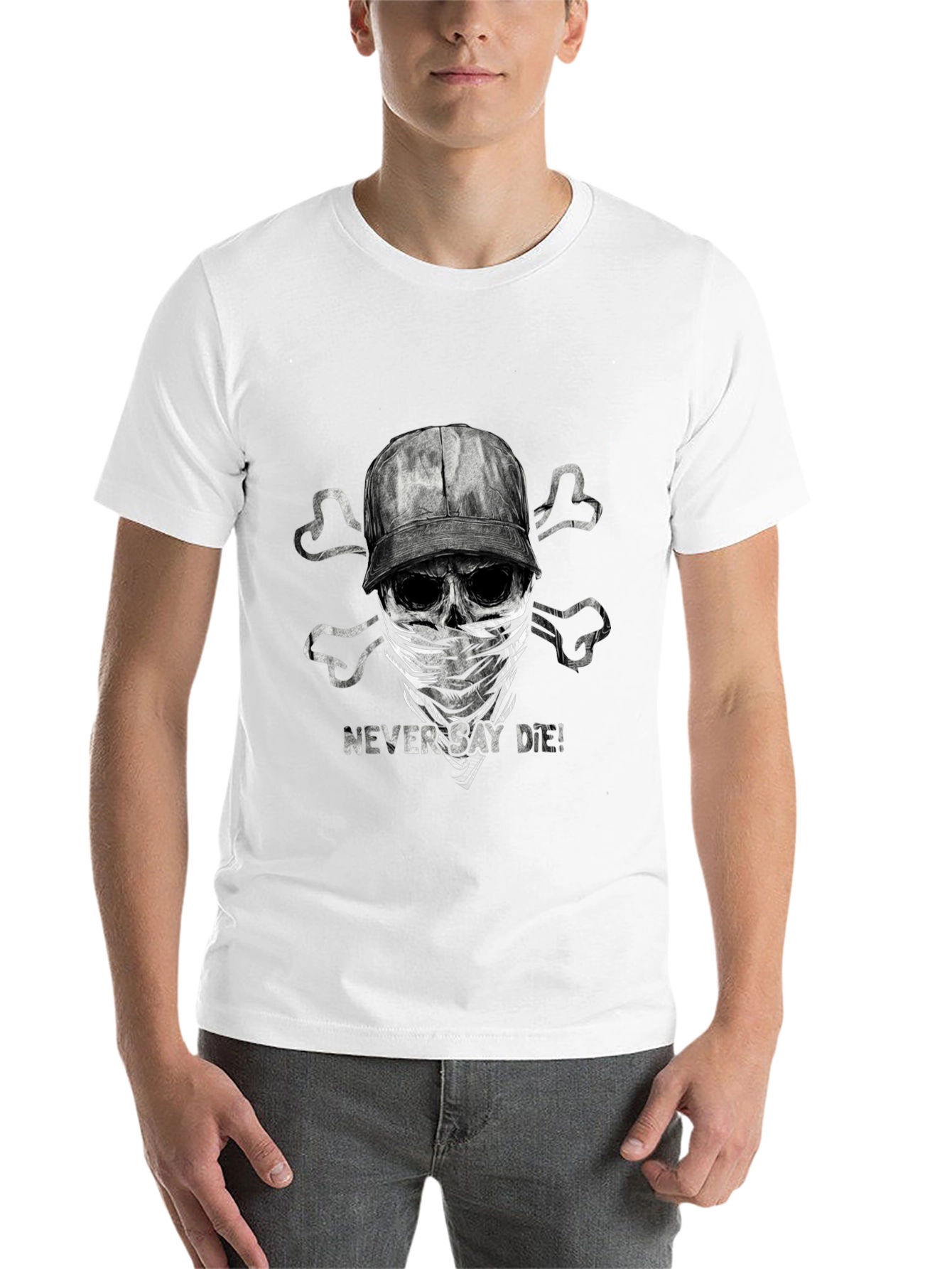 Black Never Say Die T-Shirt - Skull & Crossbones Design view 14