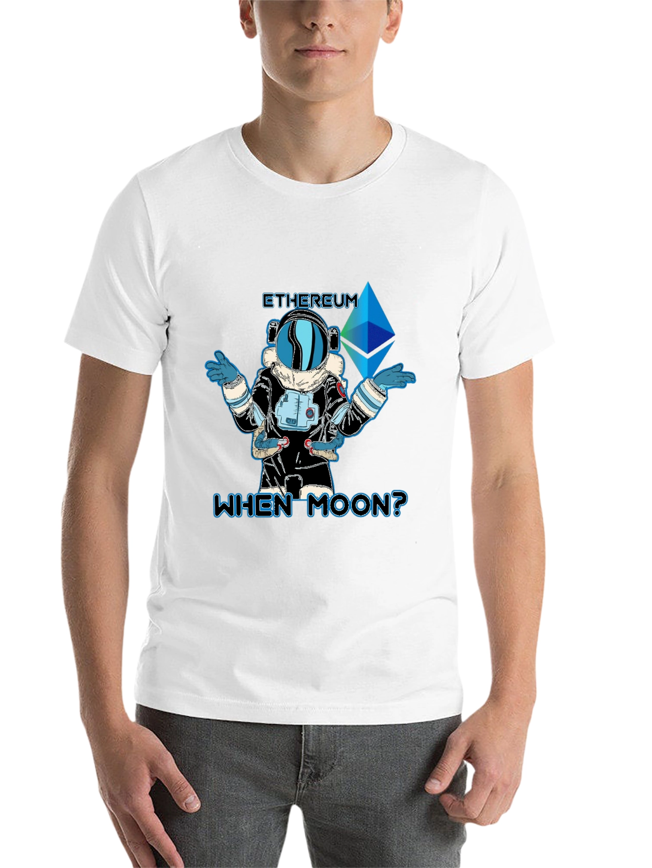 Black Ethereum Crypto 'When Moon?' Black T-Shirt view 14