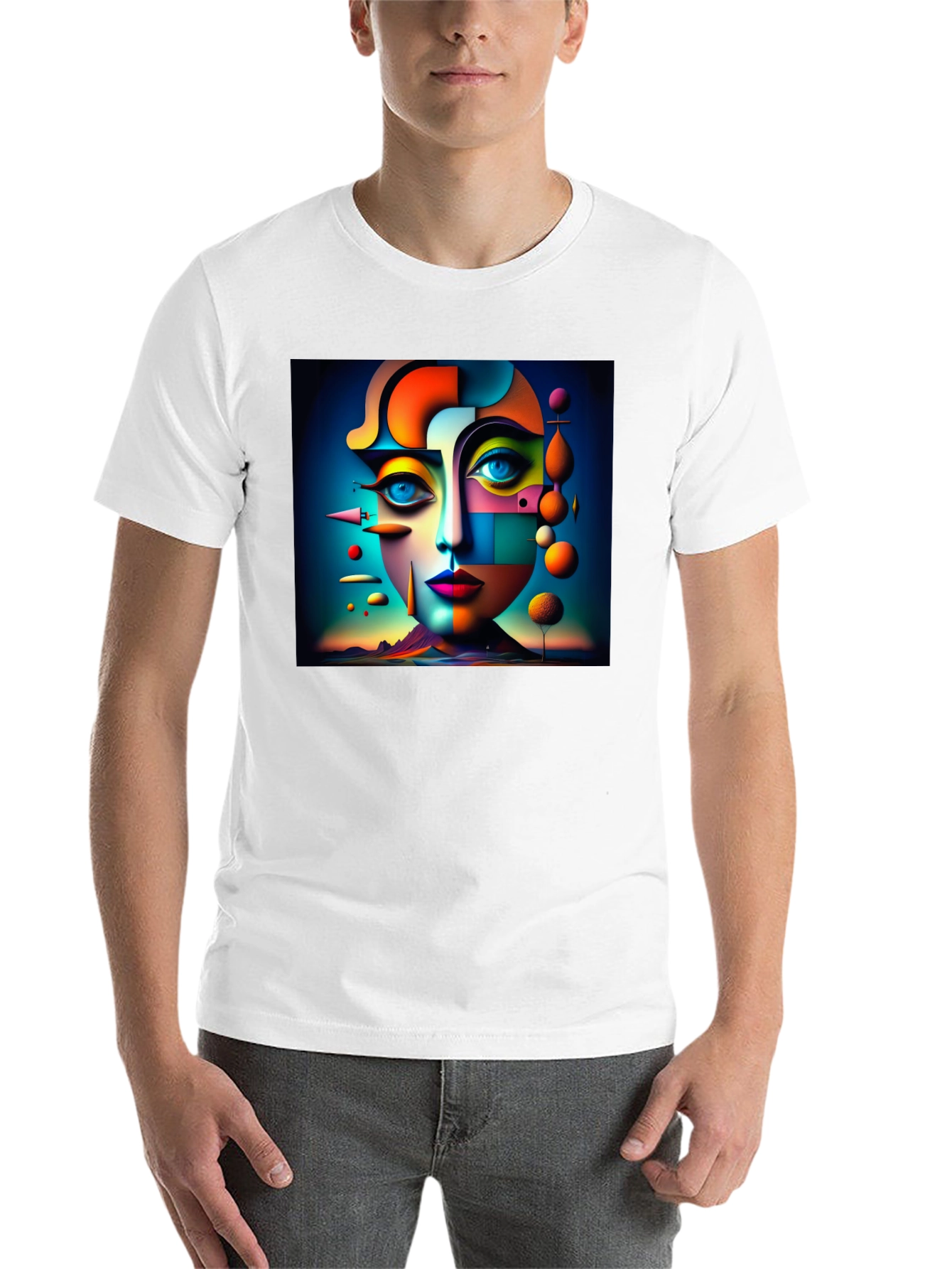 Black Abstract Geometric Face Art Black T-Shirt view 14