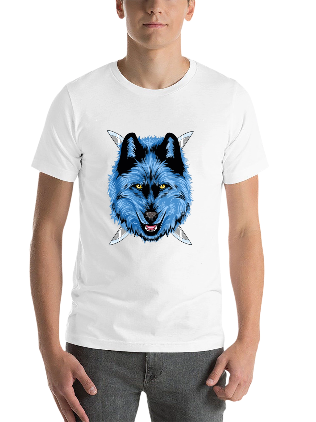 Black Wolf Graphic Tee: Fierce Blue Wolf with Knives view 14