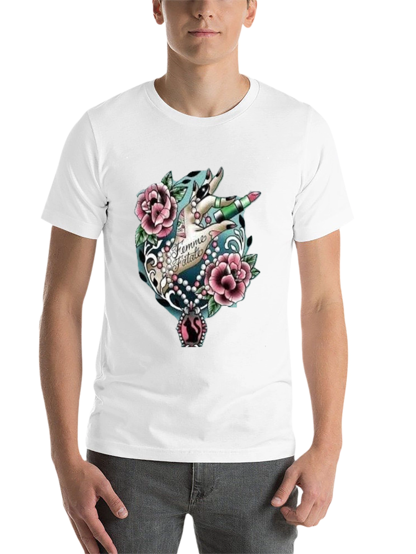 Black Femme Fatale Graphic T-Shirt - Roses & Lipstick Design view 14