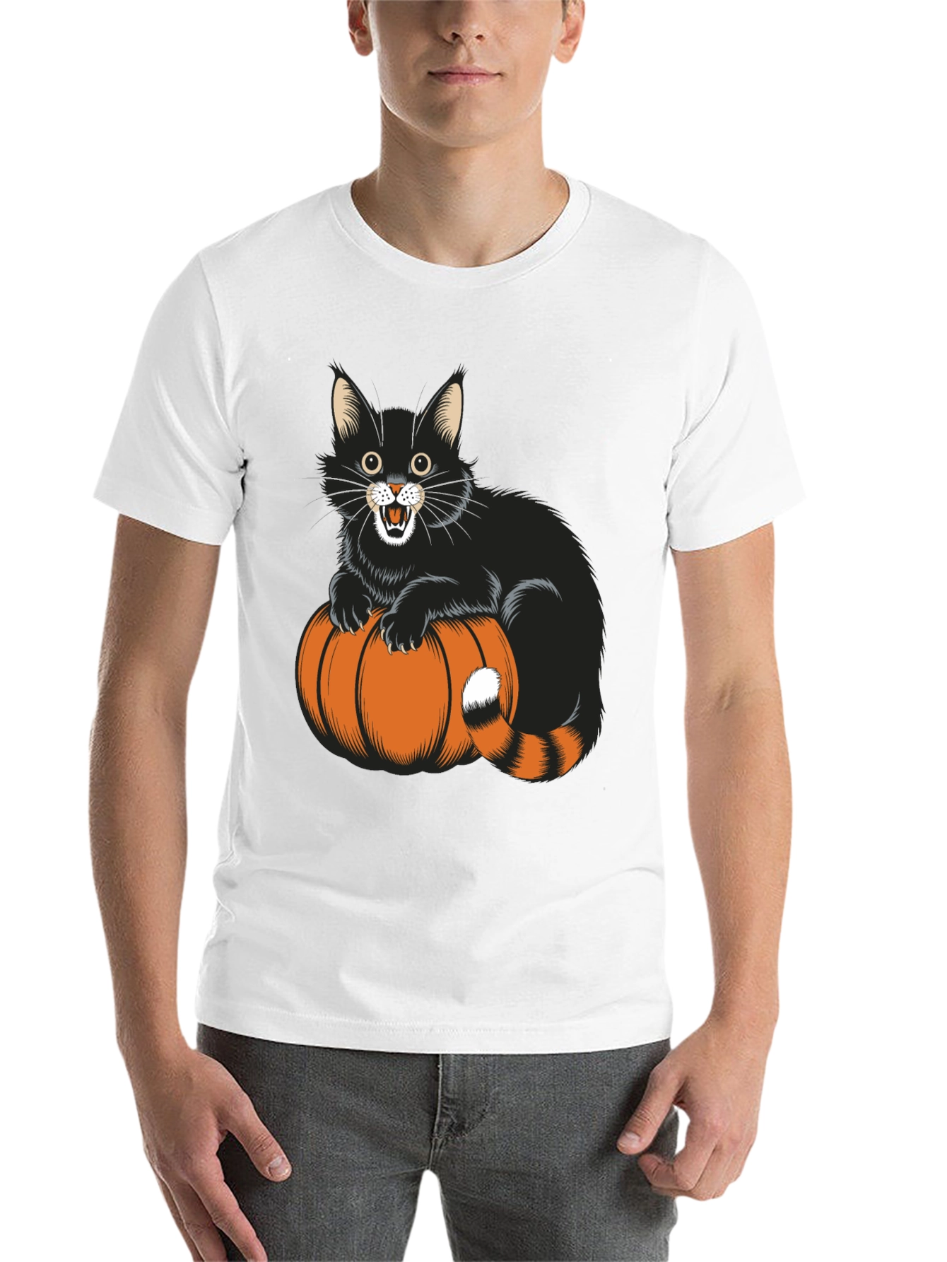 Black Halloween Cat & Pumpkin Black T-Shirt view 14