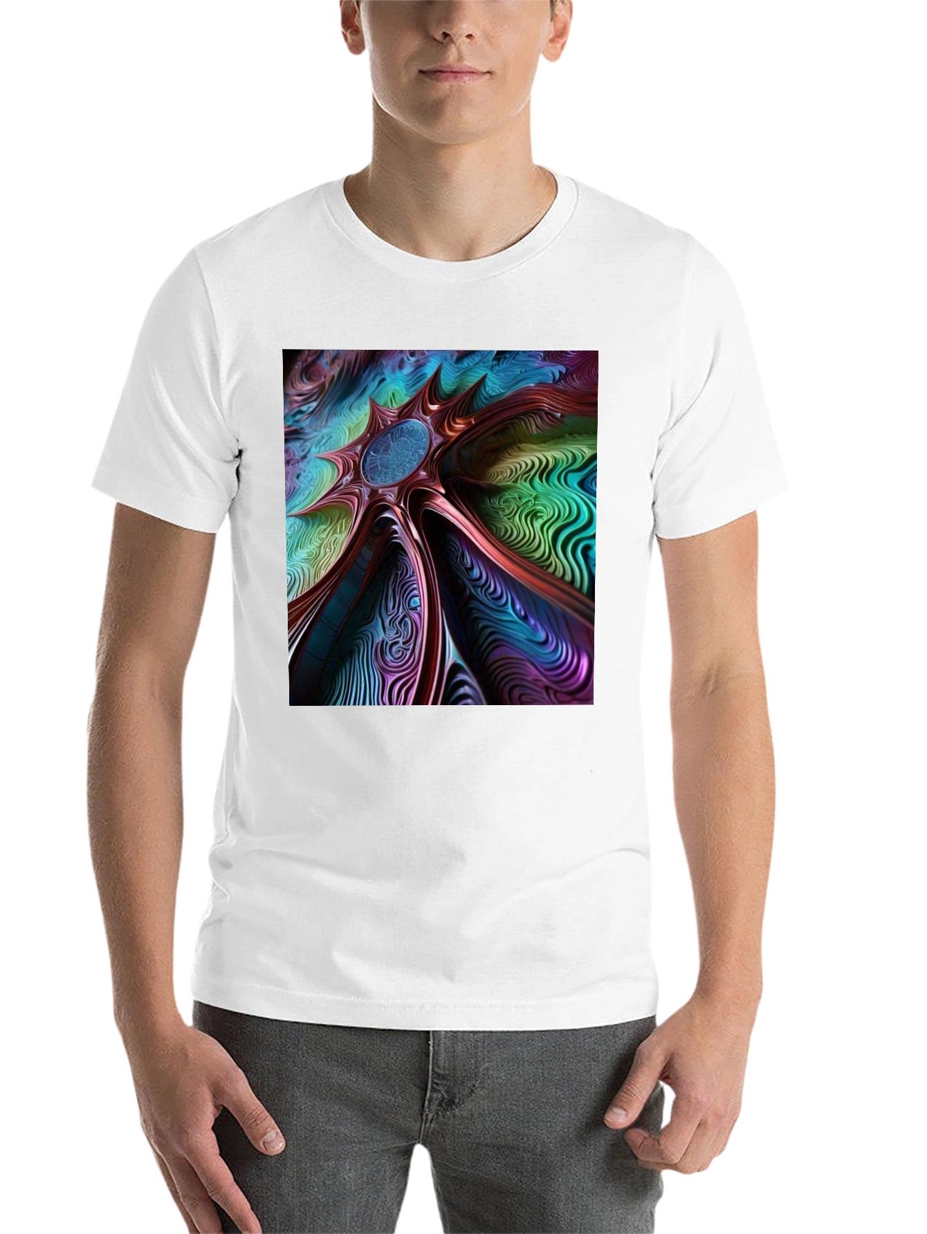 Black Abstract Art Tee: Colorful Vortex Design view 14