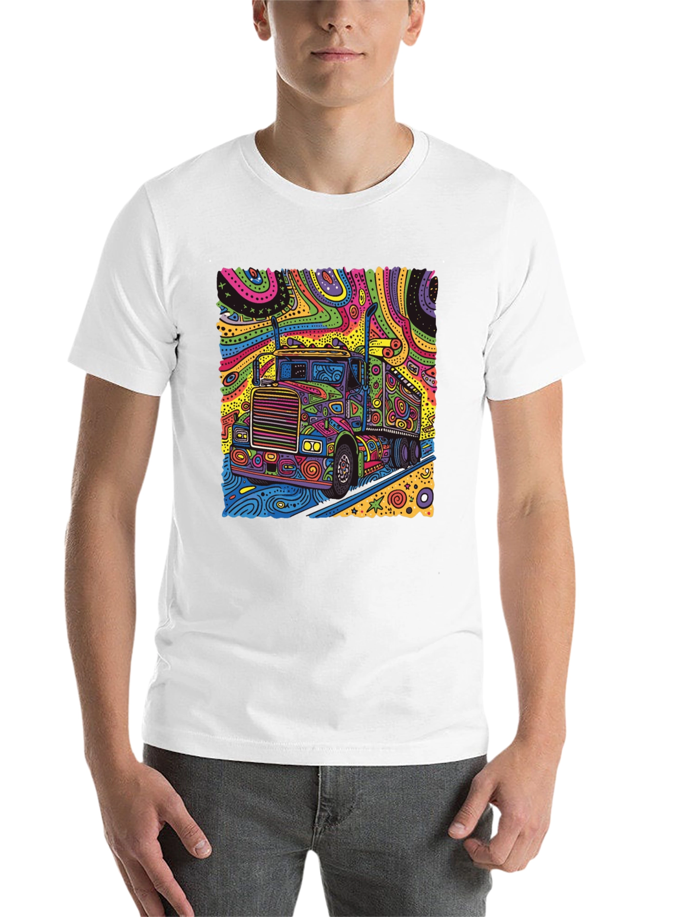 Black Psychedelic Truck T-Shirt - Colorful Semi Truck Design view 14