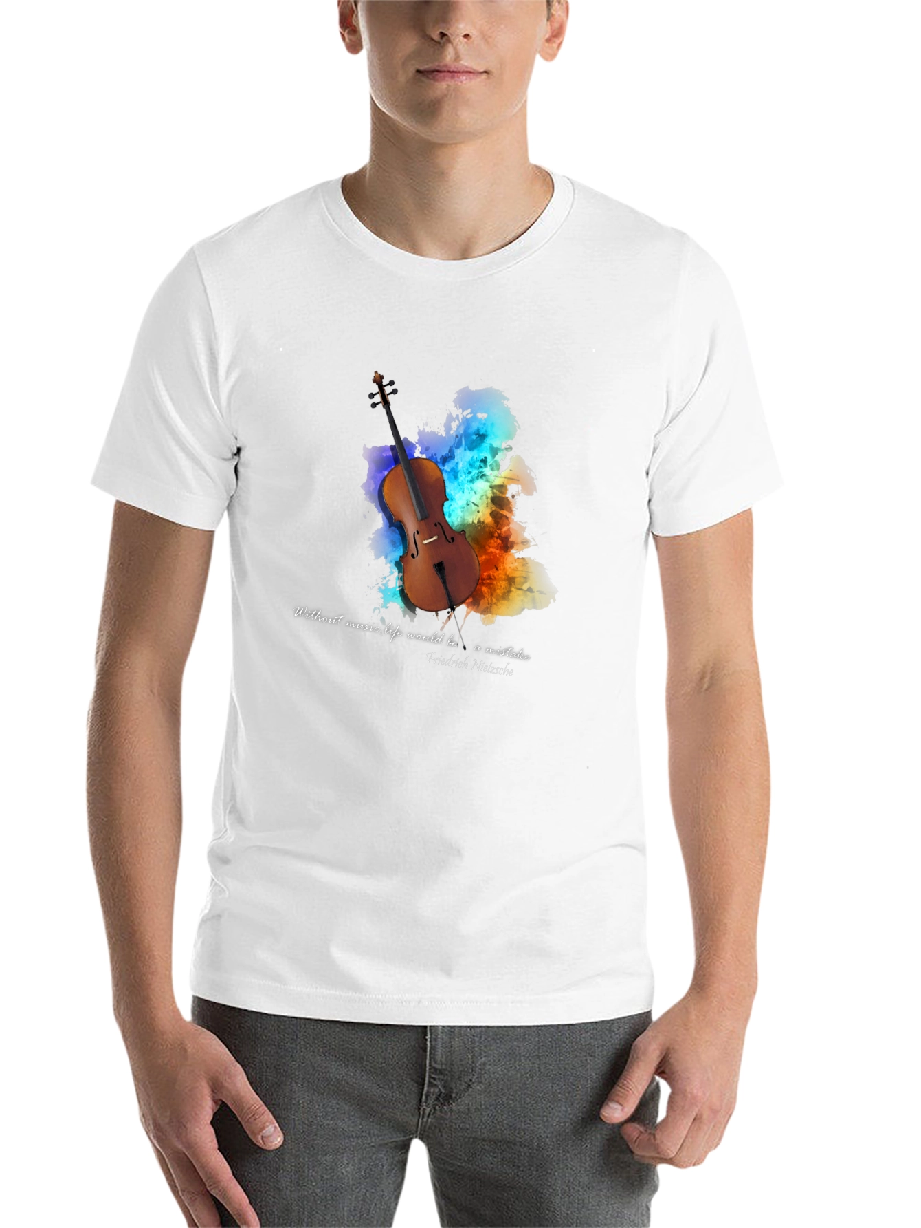 Black Music Lover's T-Shirt: Nietzsche Quote with Cello Design view 14