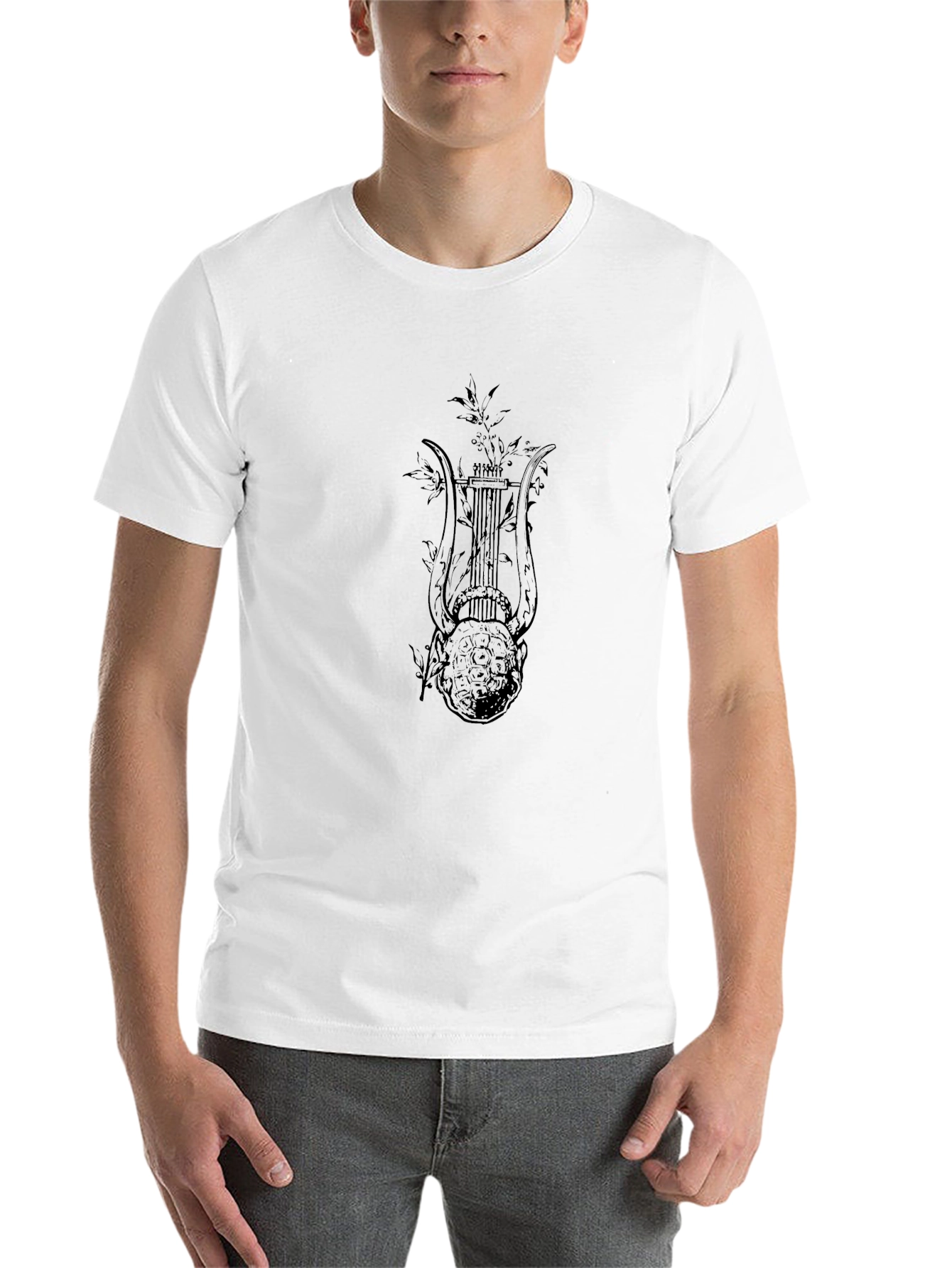 Black Men's Black T-Shirt with Lyre Graphic Print view 14