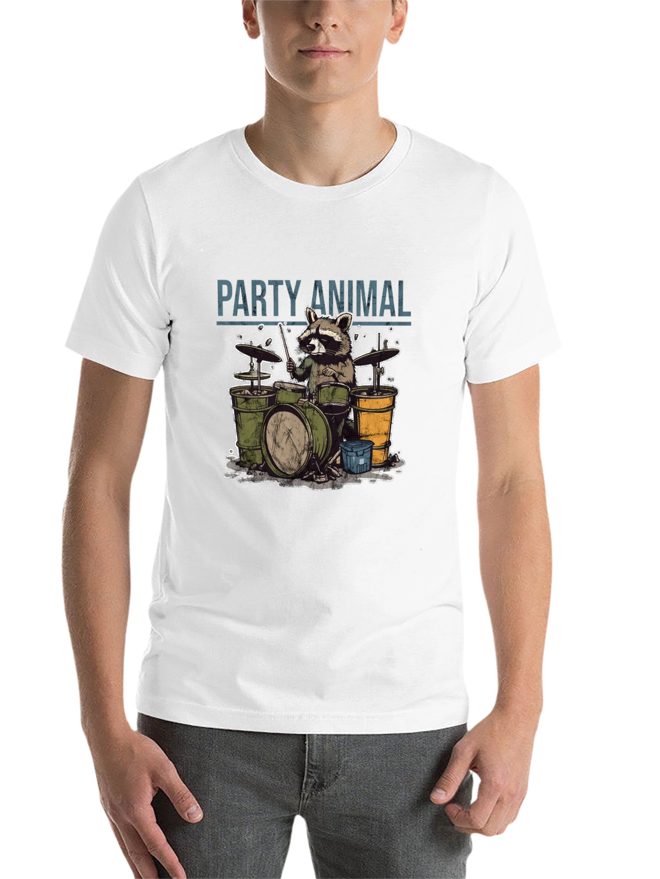 Black Party Animal Raccoon Drummer Graphic T-Shirt view 14