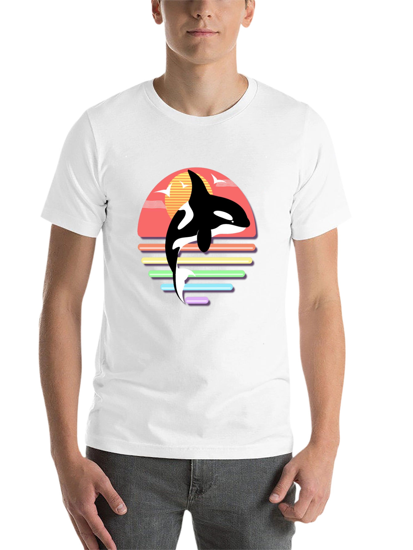 Black Retro Orca Whale Sunset Graphic T-Shirt view 14