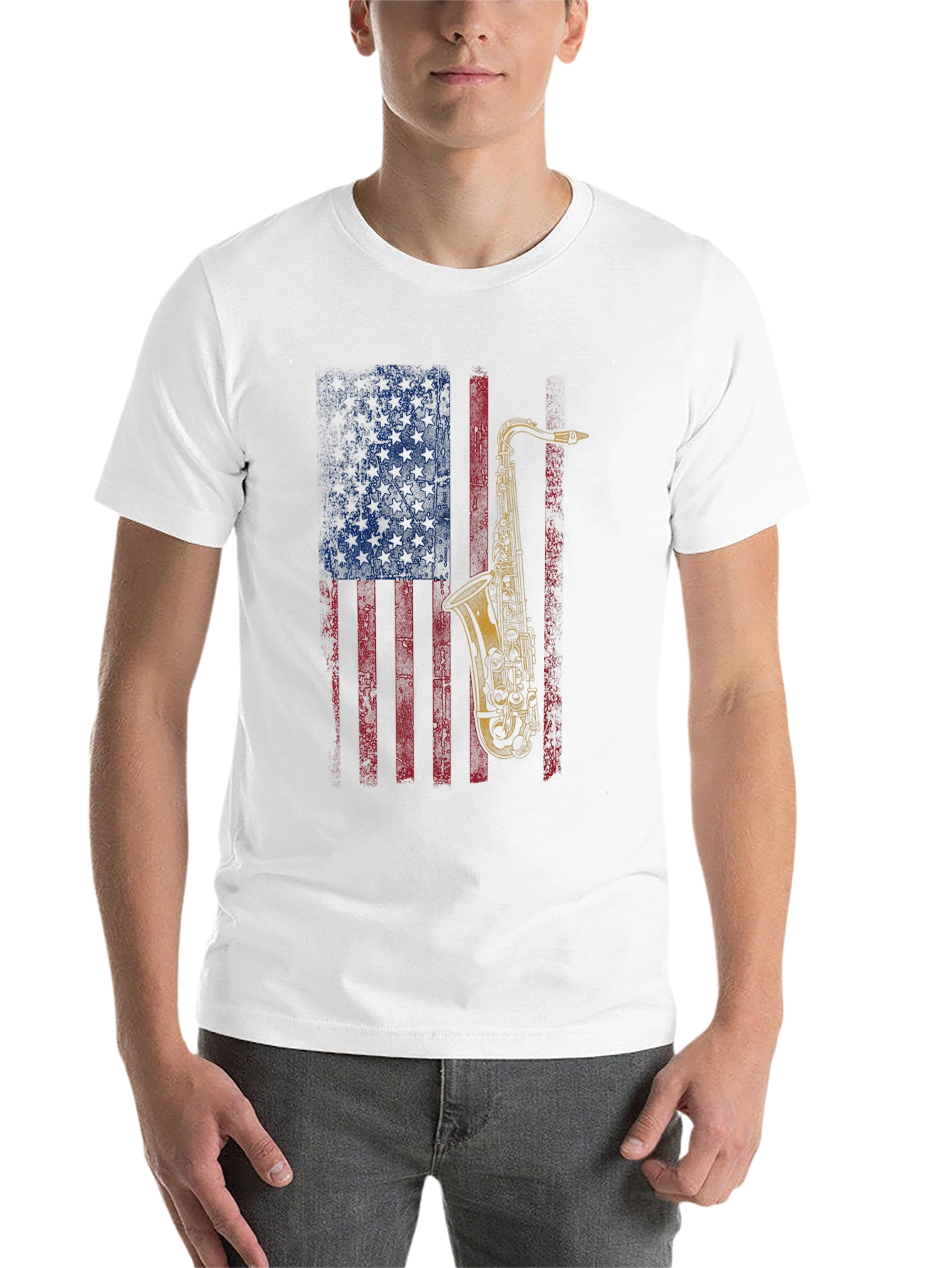 Black Saxophone American Flag Graphic T-Shirt view 14