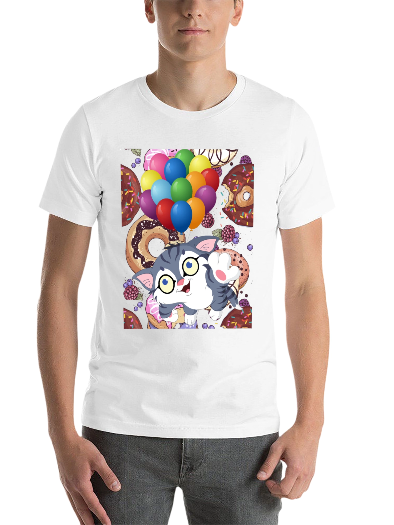 Black Cute Cartoon Cat with Balloons and Donuts T-Shirt view 14