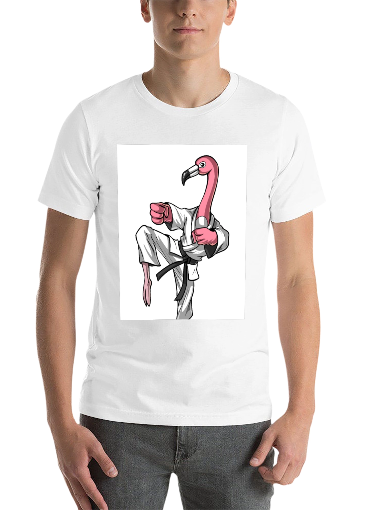 Black Karate Flamingo Black T-Shirt - Unique Graphic Tee view 14