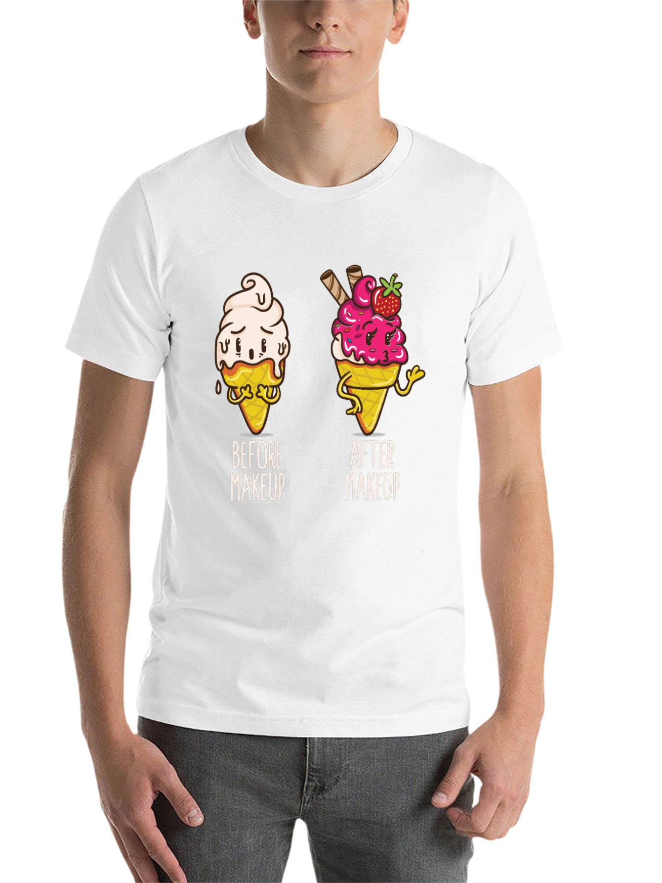 Black Funny Ice Cream Before and After Makeup T-Shirt view 14