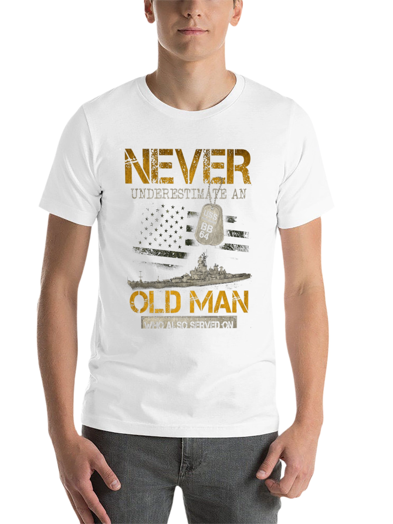 Black Never Underestimate an Old Man USS BB 64 T-Shirt view 14